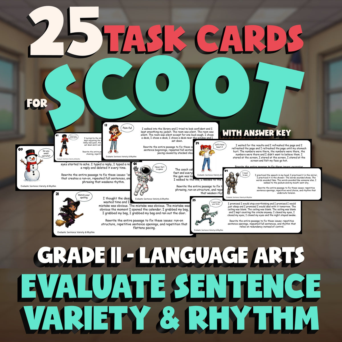 Evaluate Sentence Variety & Rhythm SCOOT TASK CARDS ELA Game - No Prep Grade 11