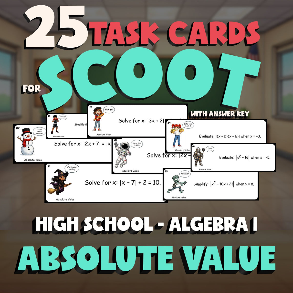 Absolute Value SCOOT TASK CARDS Math Game - No Prep Algebra 1 Review Activity