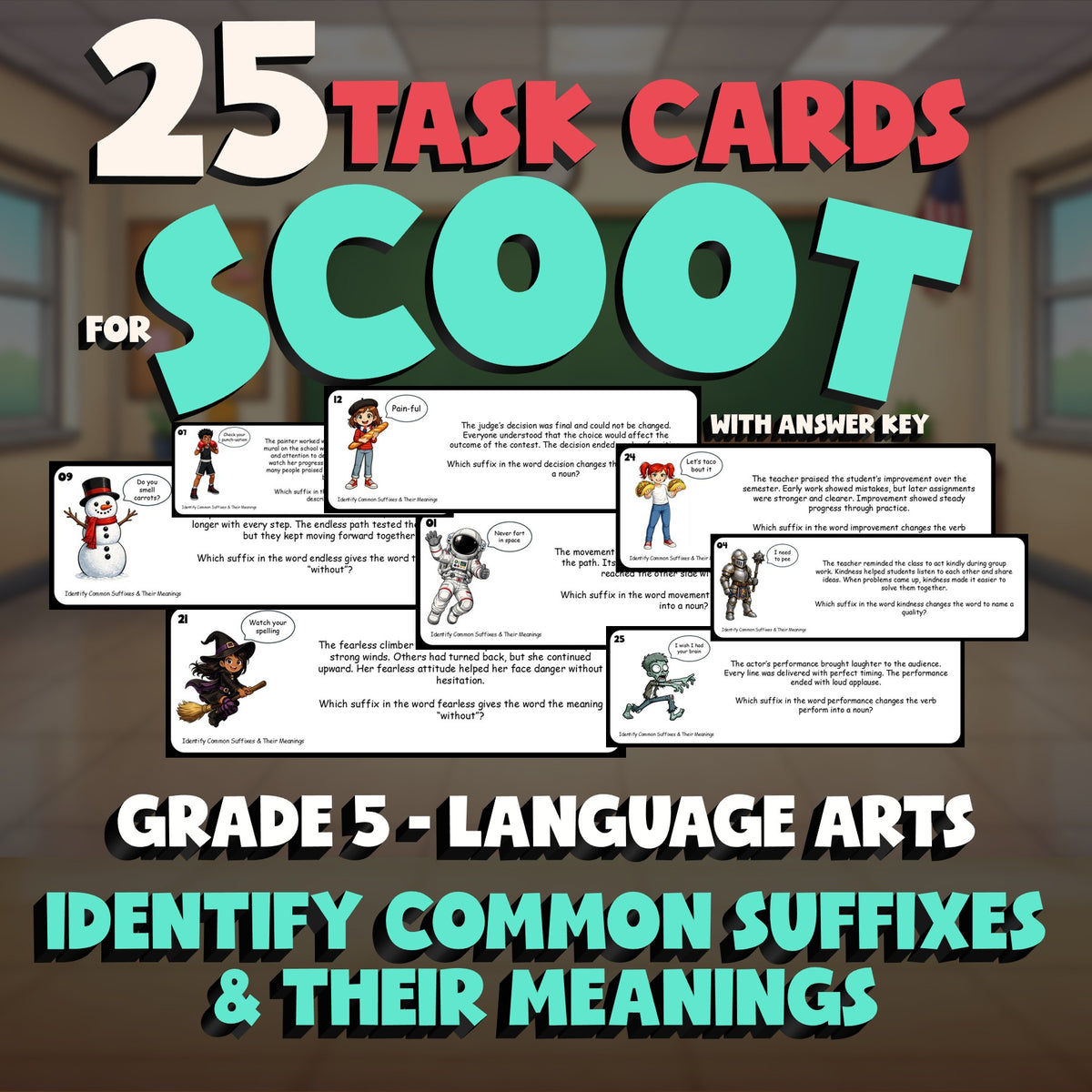 Identify Common Suffixes & Their Meanings SCOOT TASK CARDS ELA Game - Grade 5