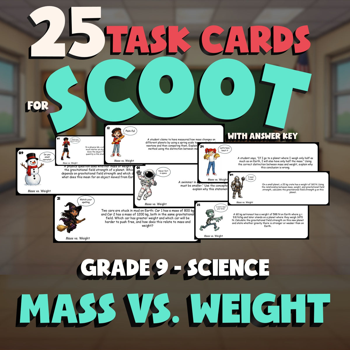 Mass vs. Weight SCOOT TASK CARDS Science Game - No Prep Grade 9 Review Activity