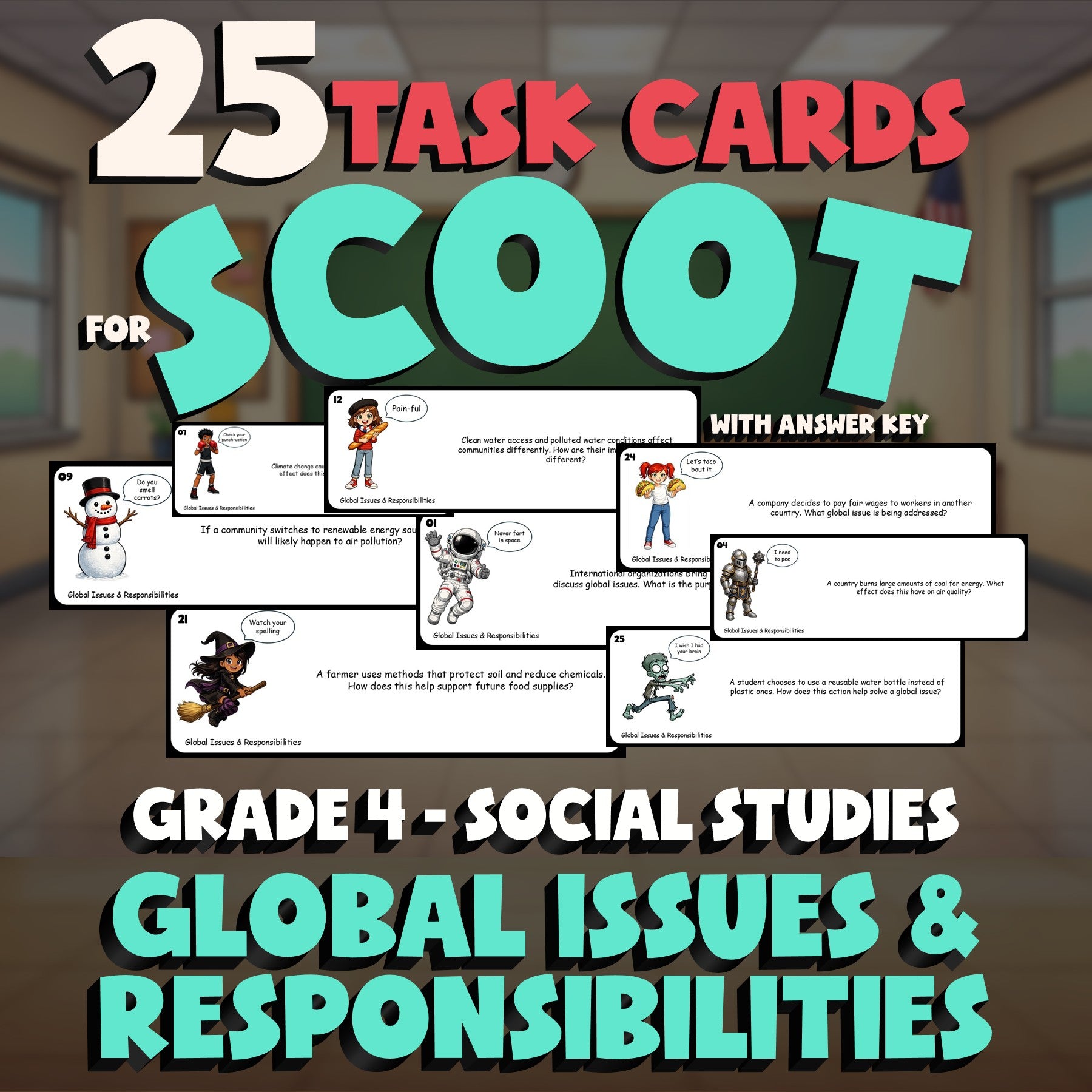 Global Issues & Responsibilities SCOOT TASK CARDS Socials Game - No Prep Grade 4
