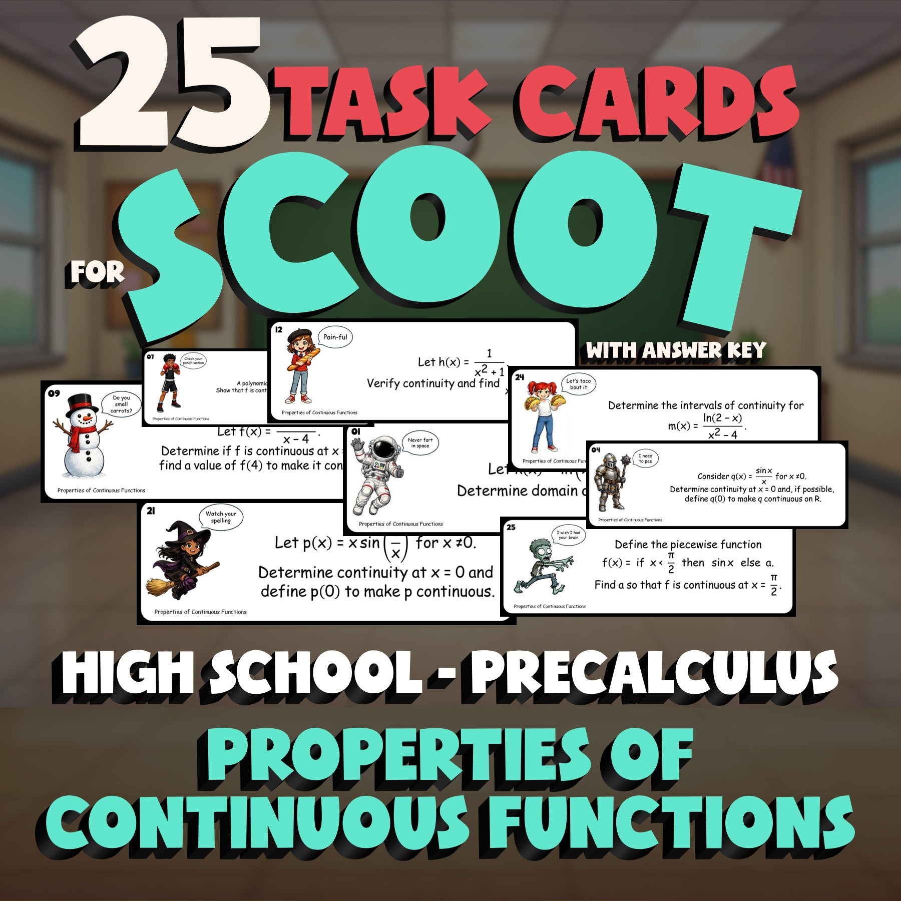 Properties of Continuous Functions SCOOT TASK CARDS Math Game - PreCalculus