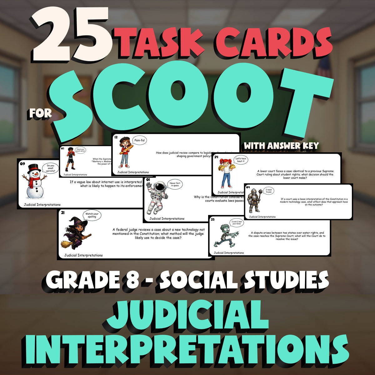 Judicial Interpretations SCOOT TASK CARDS Socials Game - No Prep Grade 8 Review