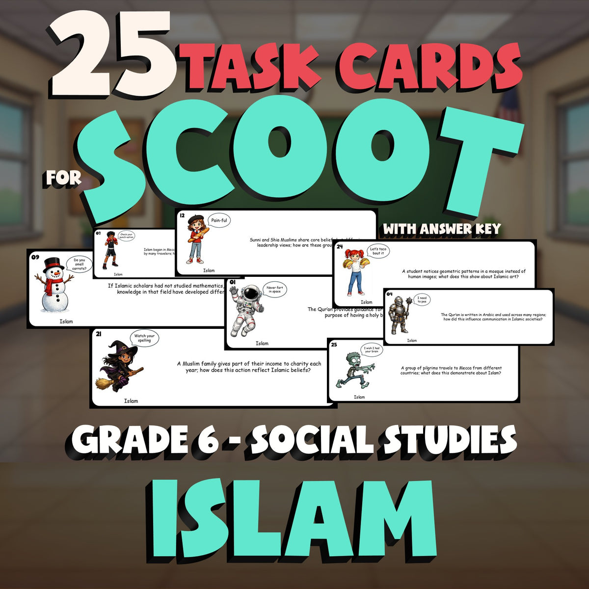 Islam SCOOT TASK CARDS Socials Game - No Prep Grade 6 Review Activity