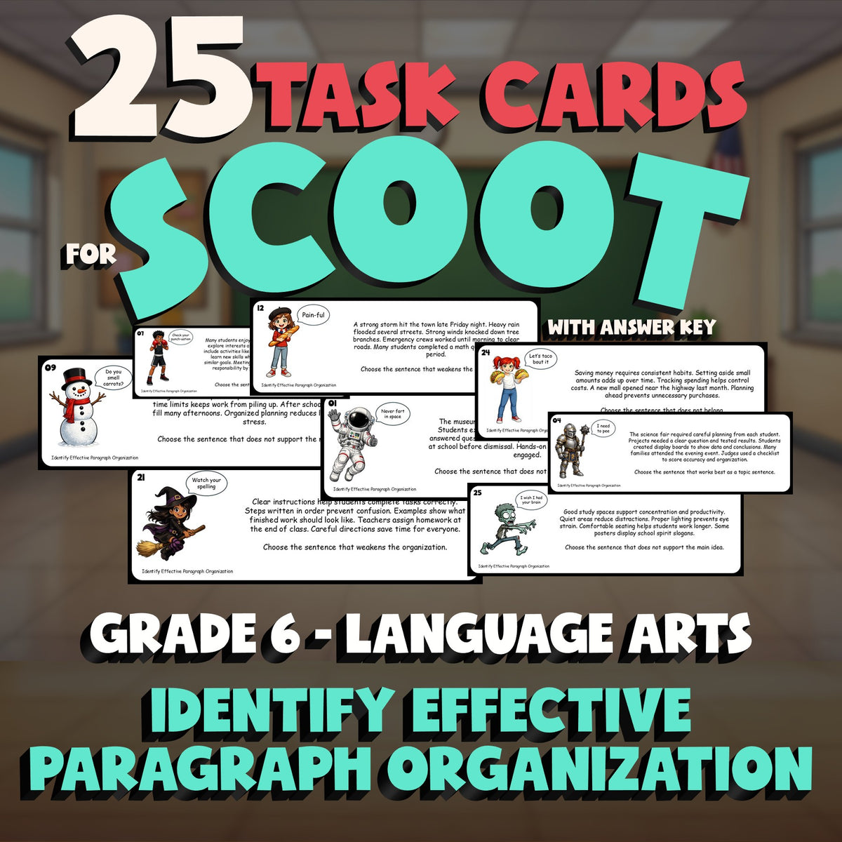 Identify Effective Paragraph Organization SCOOT TASK CARDS ELA Game - Grade 6