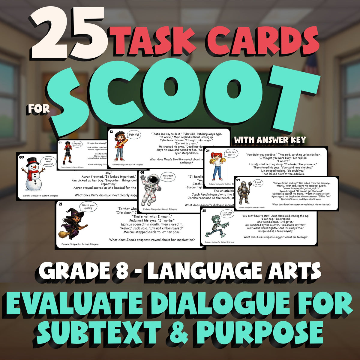 Evaluate Dialogue for Subtext & Purpose SCOOT TASK CARDS ELA Game - Grade 8