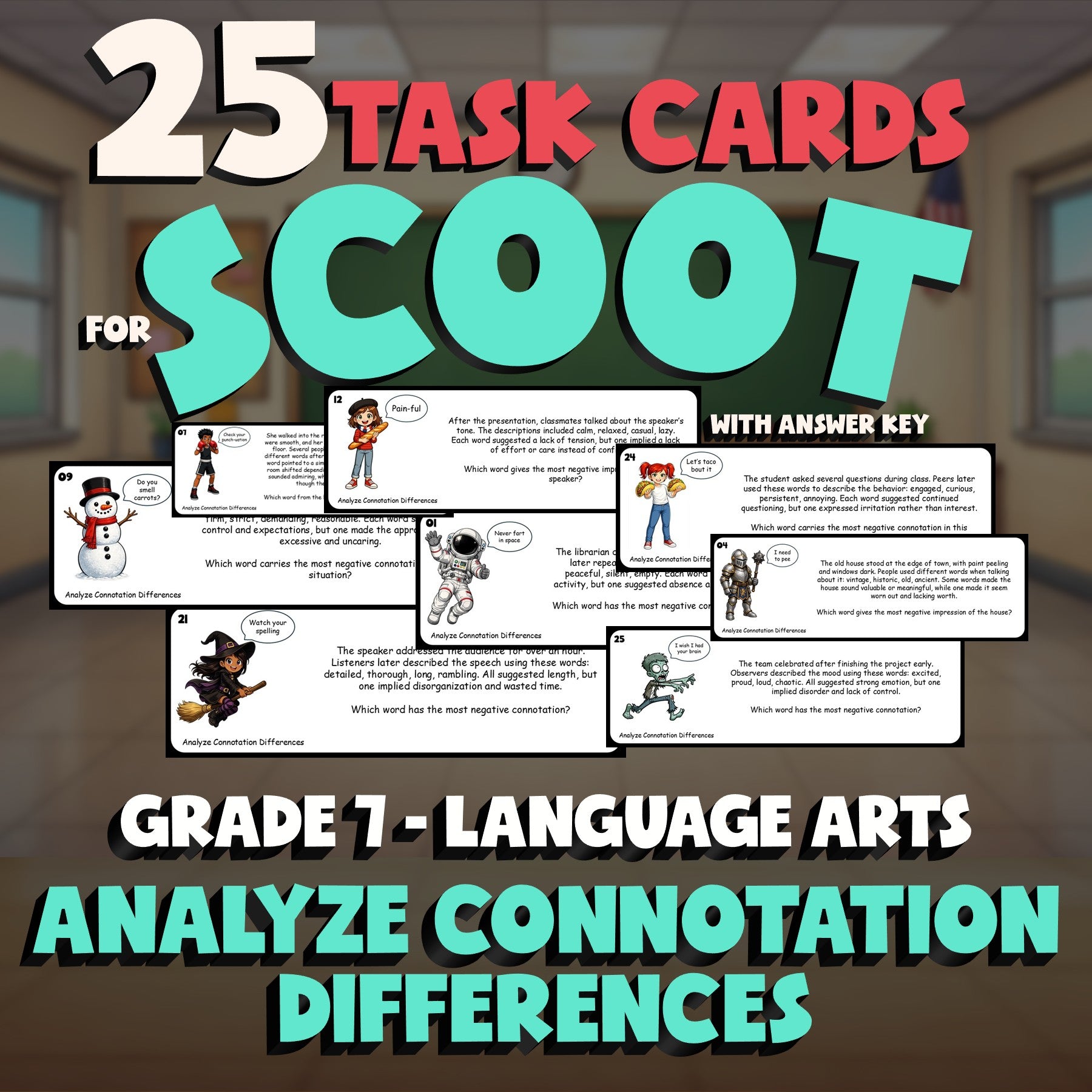 Analyze Connotation Differences SCOOT TASK CARDS ELA Game - No Prep Grade 7