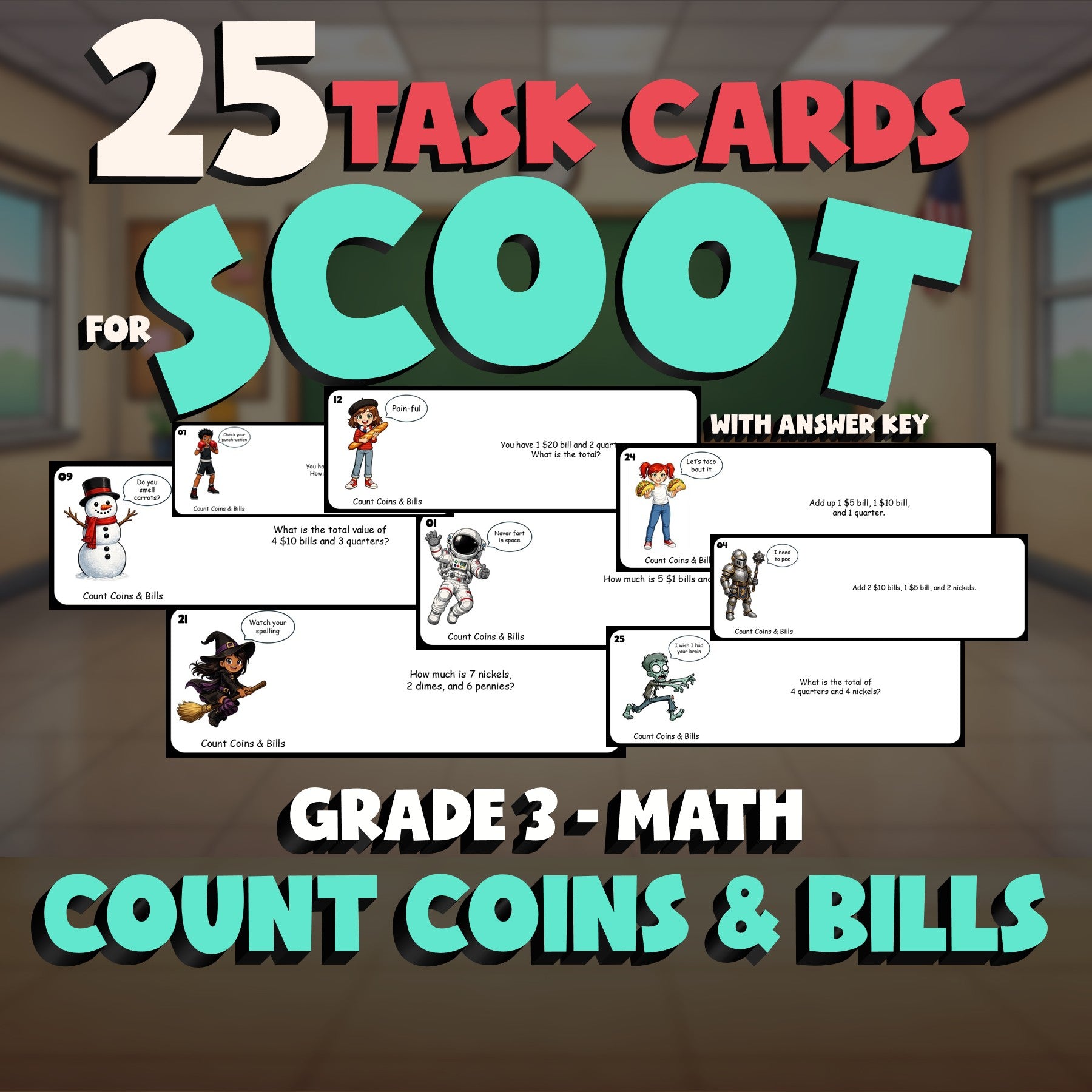 Count Coins & Bills SCOOT TASK CARDS Math Game - No Prep Grade 3 Review Activity