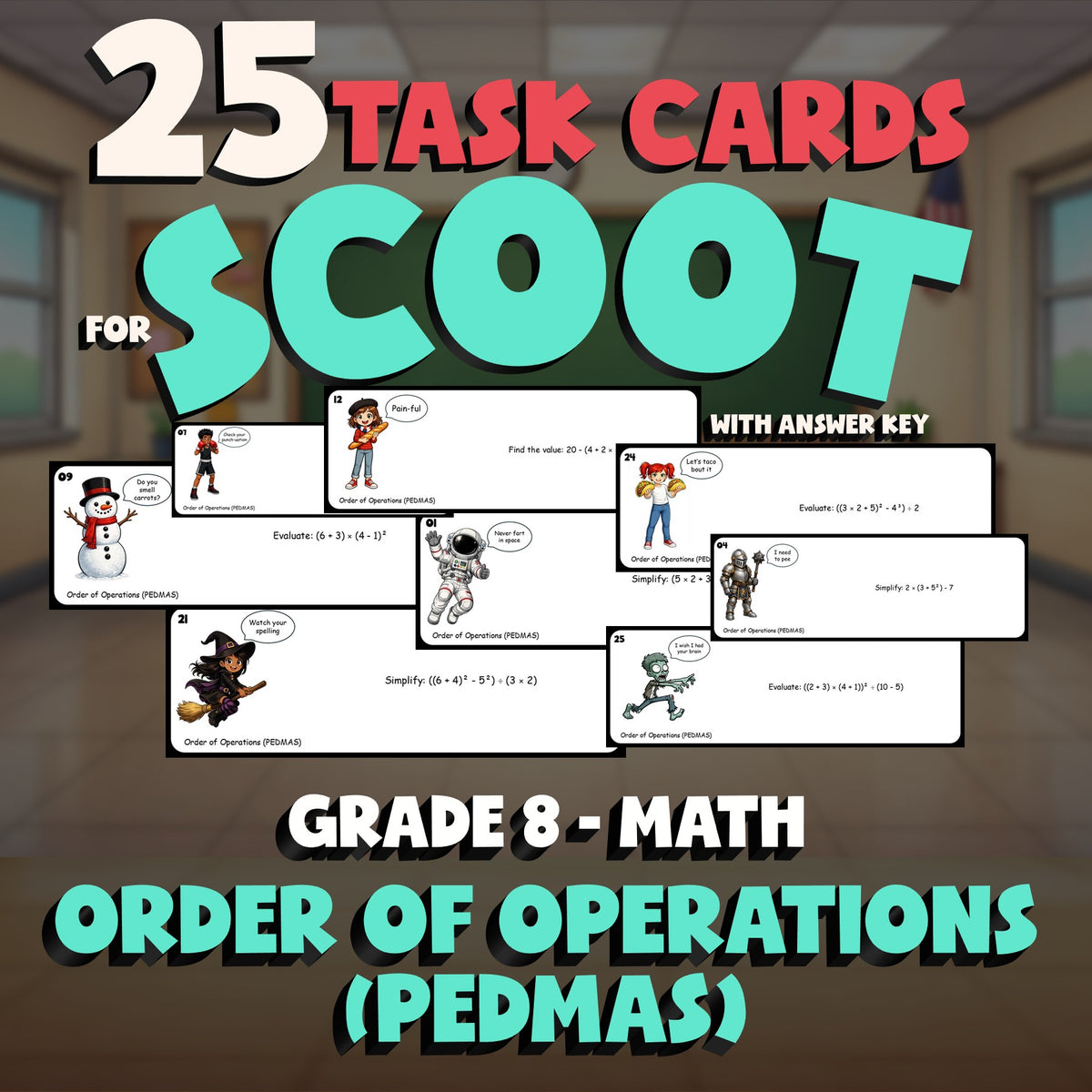 Order of Operations (PEDMAS) SCOOT TASK CARDS Math Game - No Prep Grade 8 Review