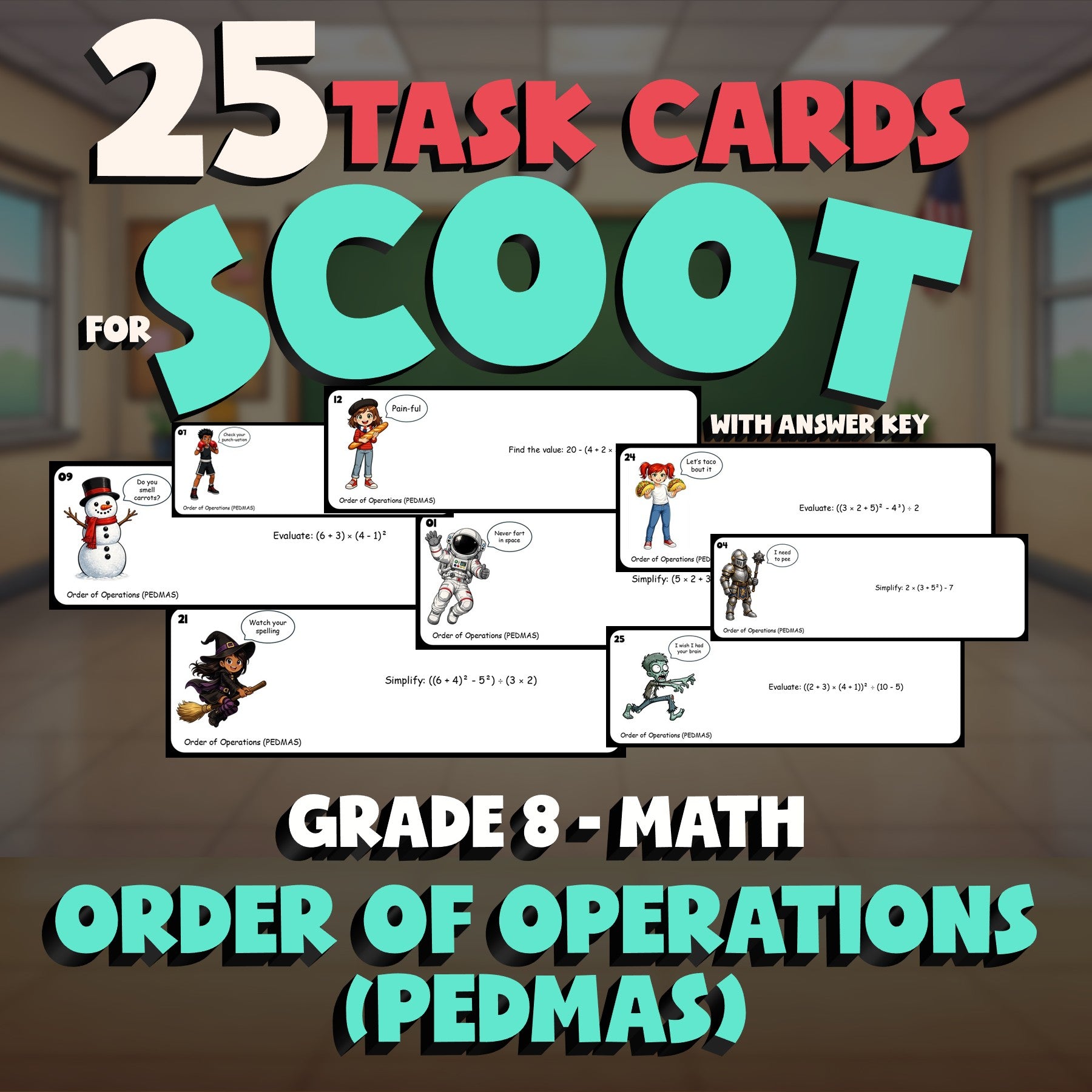 Order of Operations (PEDMAS) SCOOT TASK CARDS Math Game - No Prep Grade 8 Review