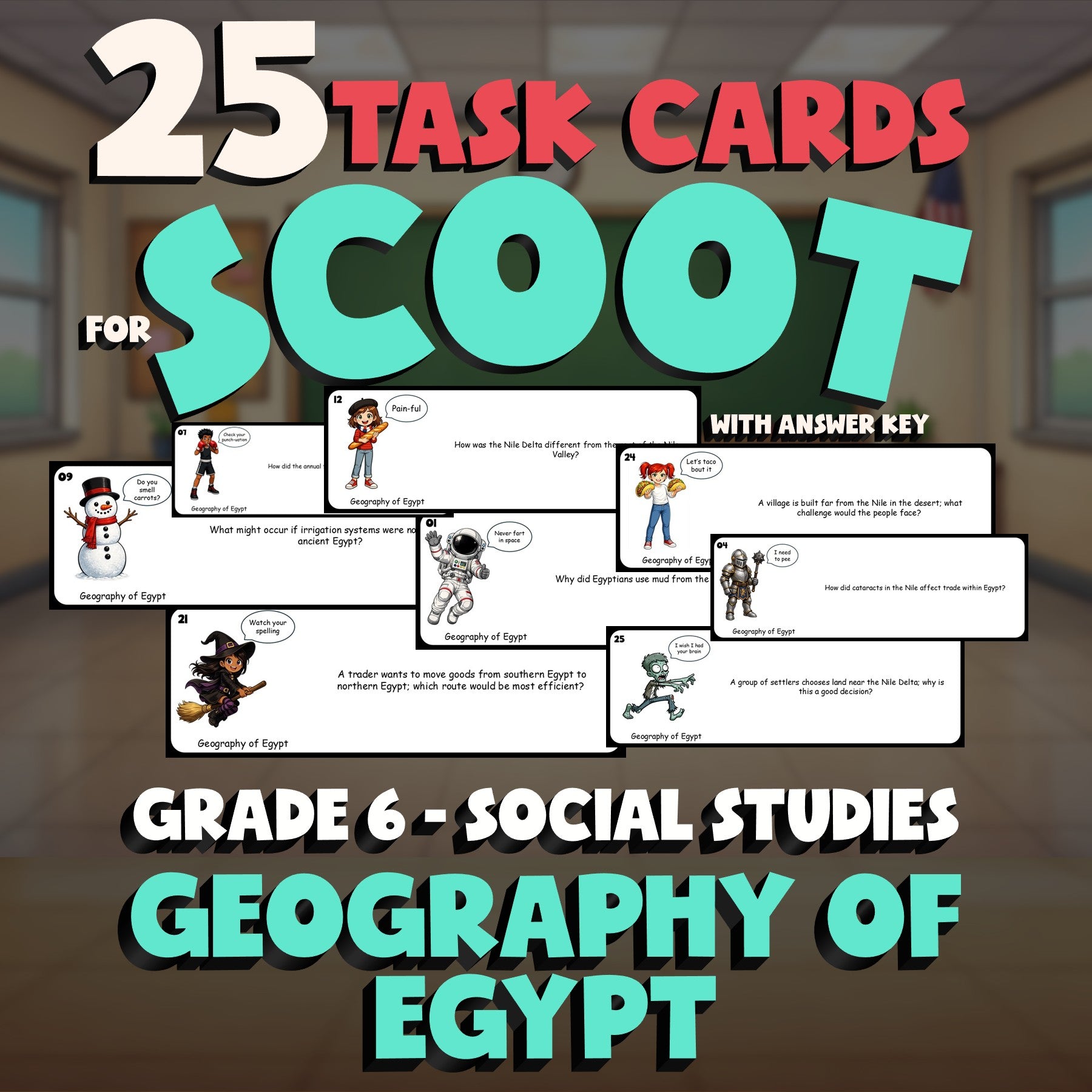 Geography of Egypt SCOOT TASK CARDS Socials Game - No Prep Grade 6 Review