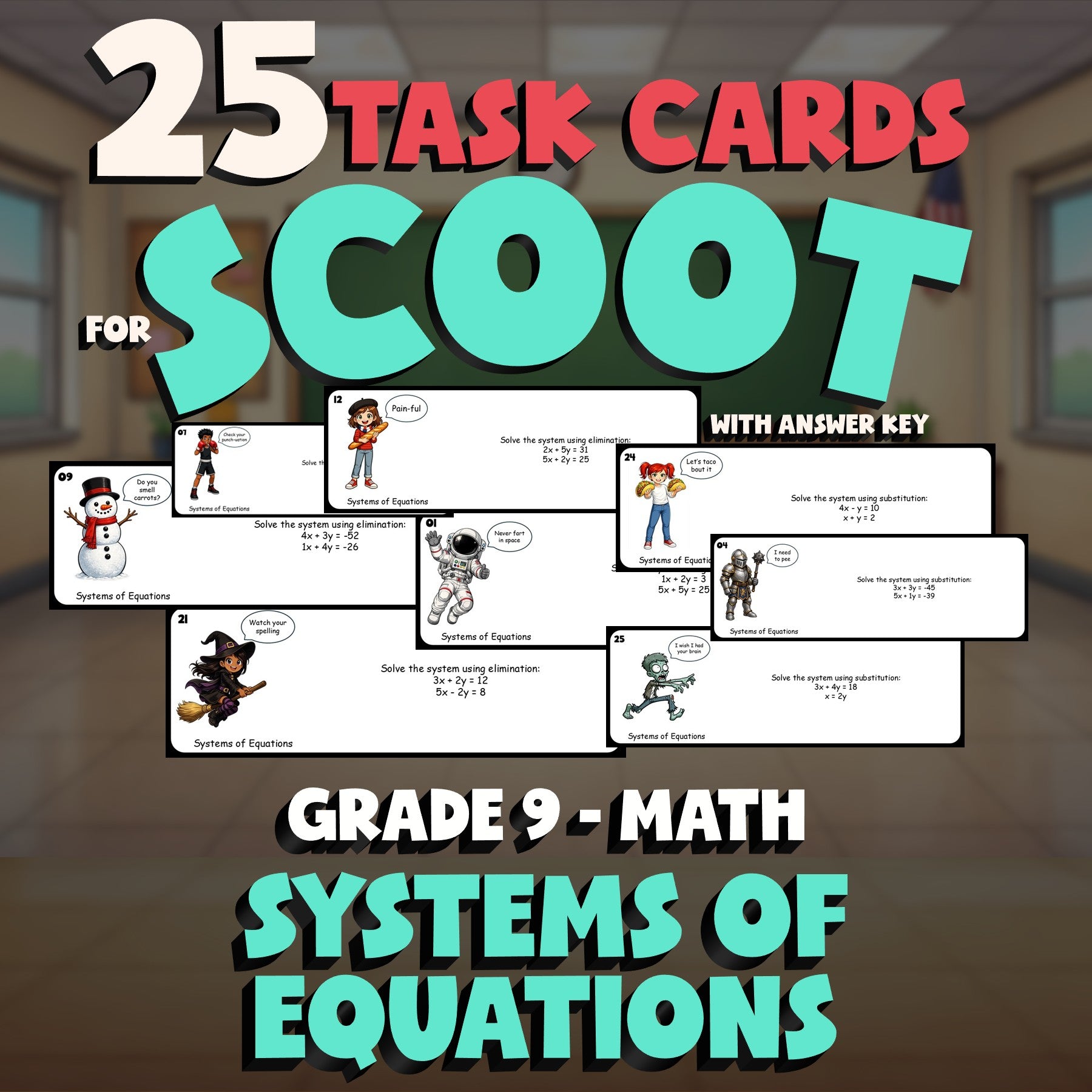 Systems of Equations SCOOT TASK CARDS Math Game - No Prep Grade 9 Review