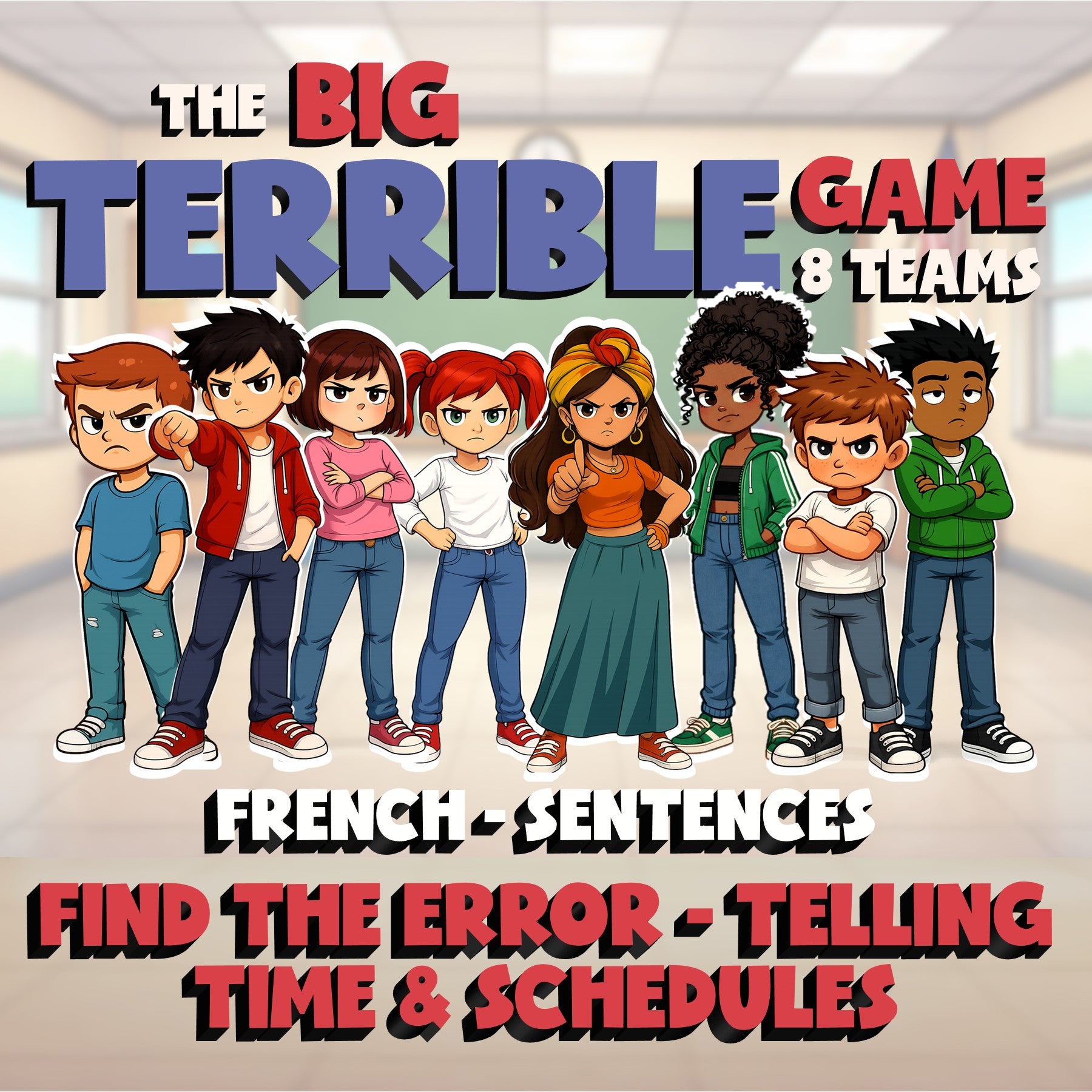 Find the Error - Telling Time & Schedules BIG TERRIBLE GAME - French Exercise