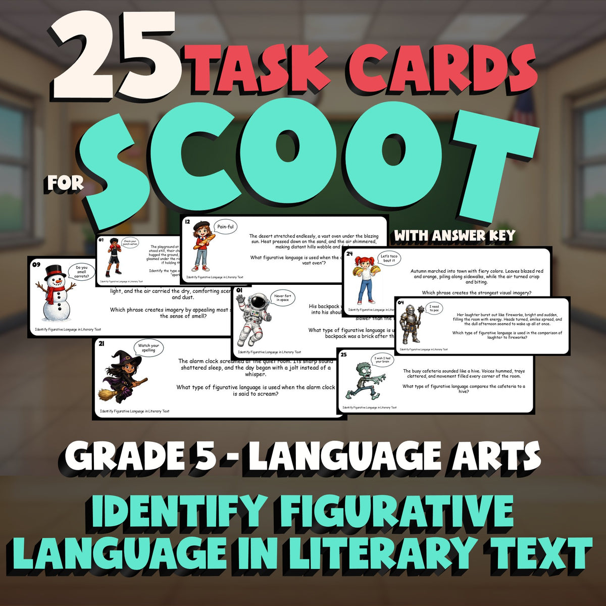 Identify Figurative Language in Literary Text SCOOT TASK CARDS ELA Game Grade 5