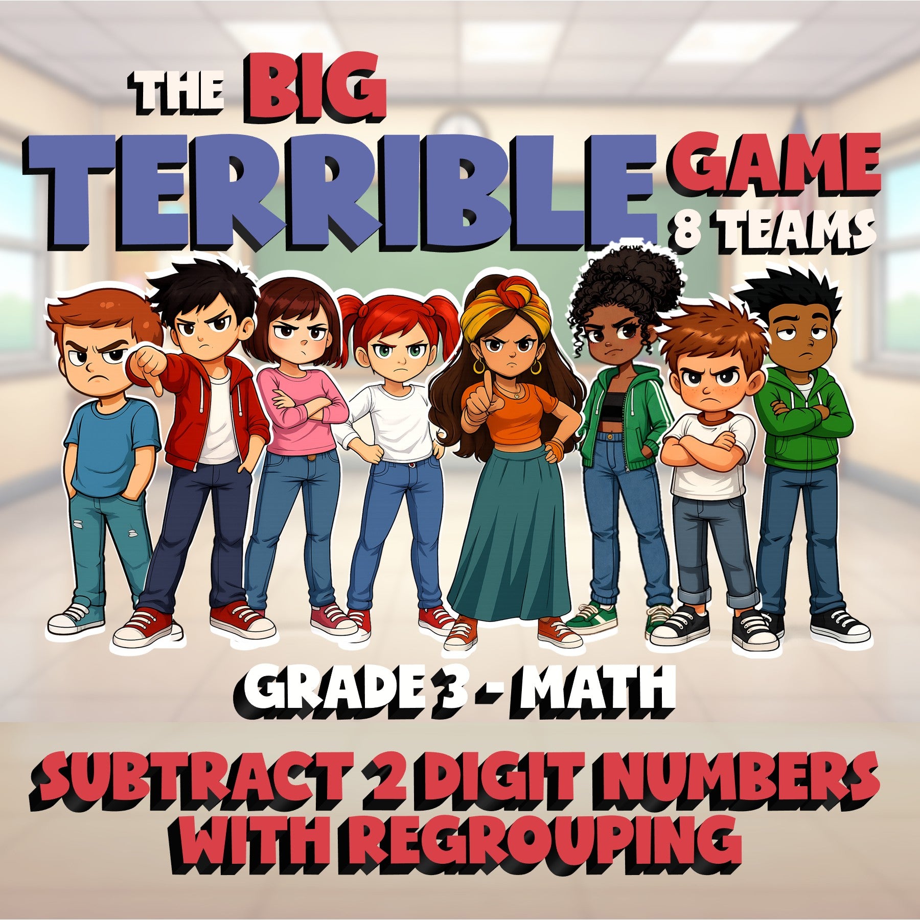 Subtract 2 Digit Numbers with Regrouping BIG TERRIBLE GAME - Grade 3 Math Review