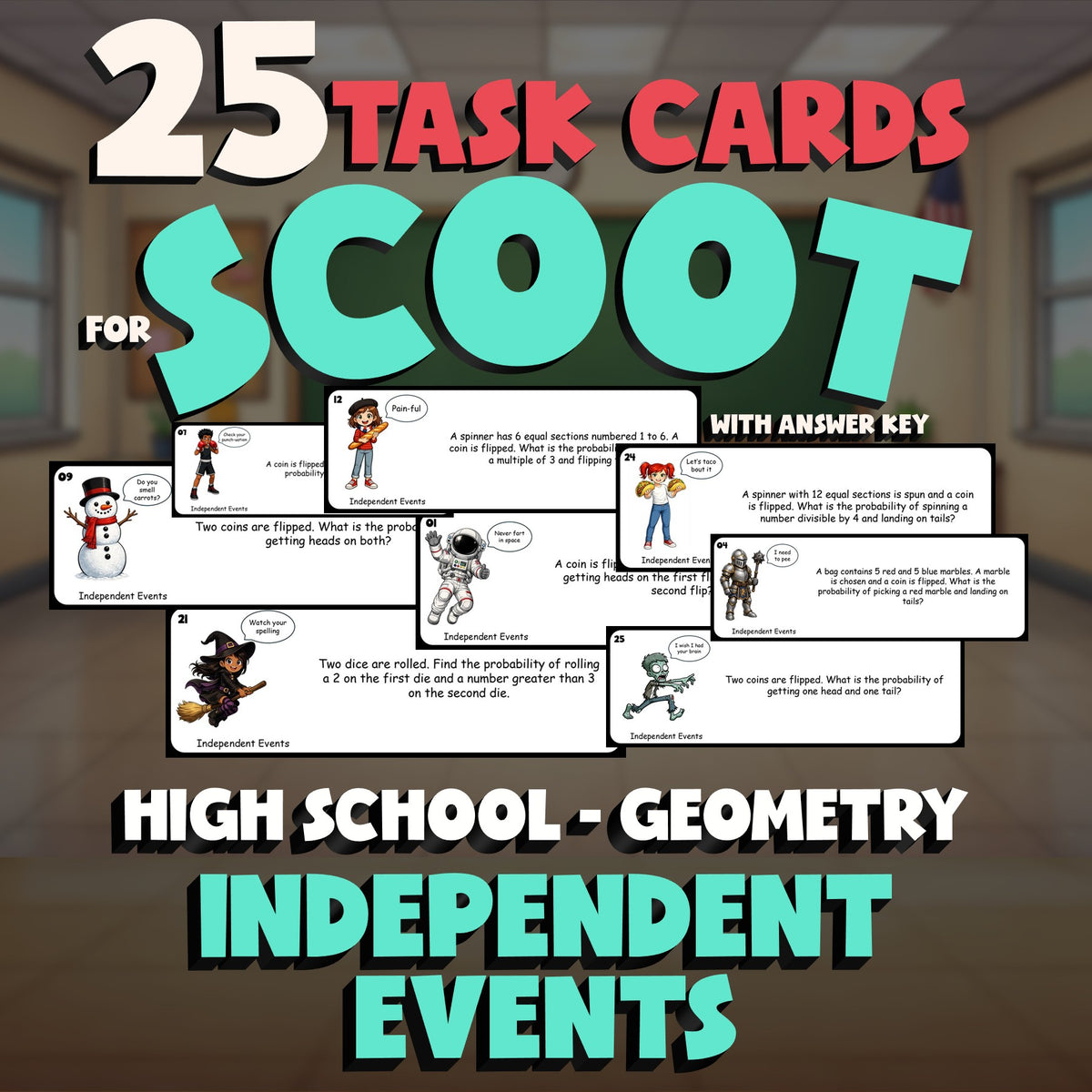 Independent Events SCOOT TASK CARDS Math Game - No Prep Geometry Review Activity