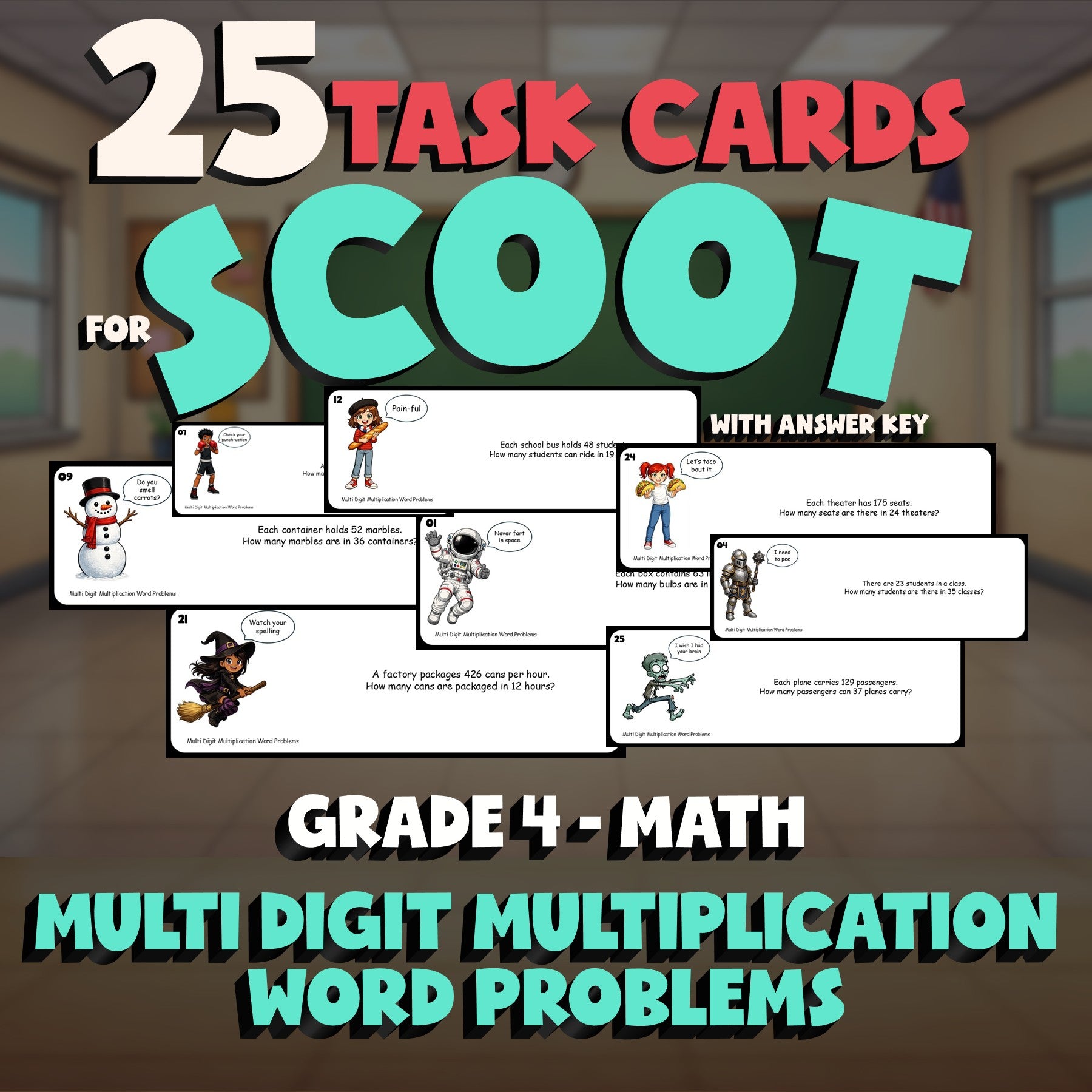 Multi Digit Multiplication Word Problems SCOOT TASK CARDS Math Game - Grade 4