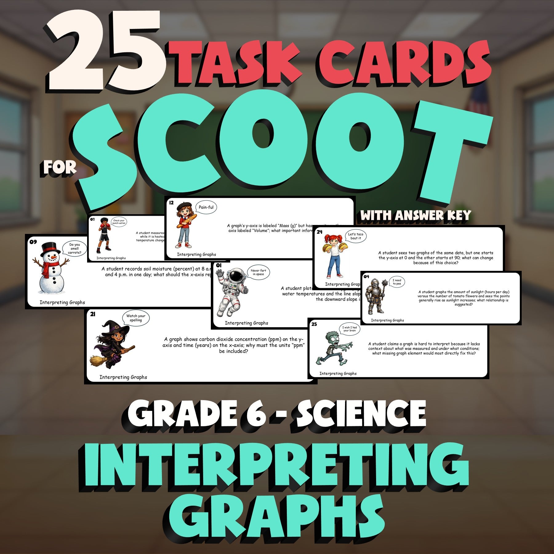 Interpreting Graphs SCOOT TASK CARDS Science Game - No Prep Grade 6 Review