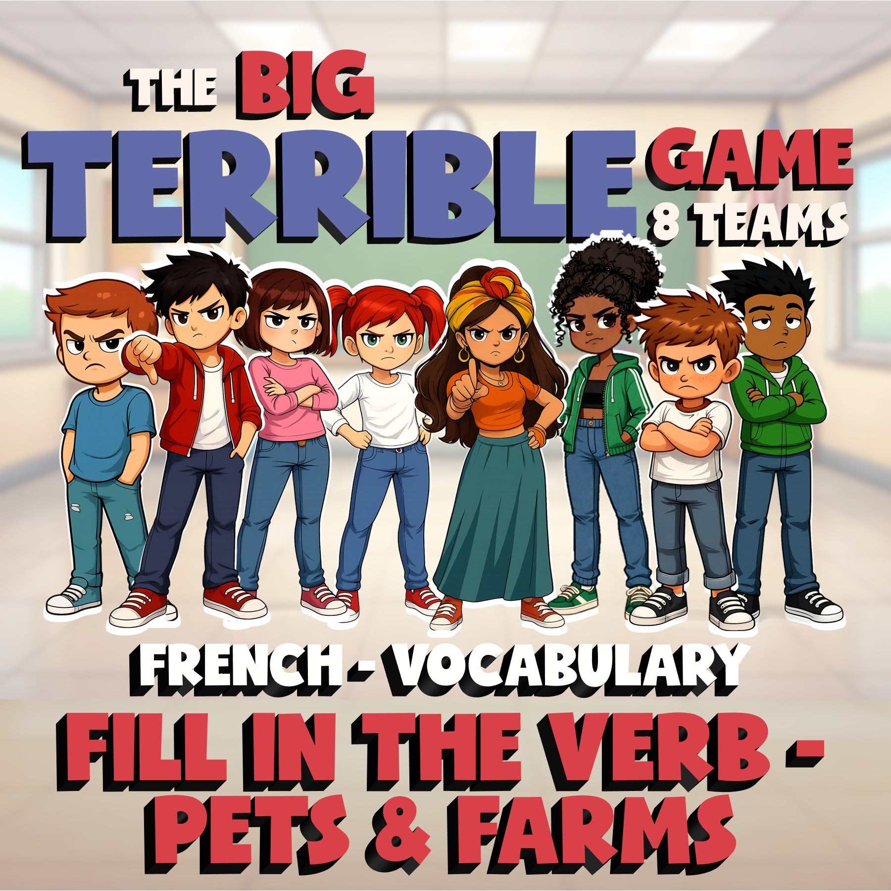 Fill In The Verb - Pets & Farms BIG TERRIBLE GAME - No Prep French Exercise