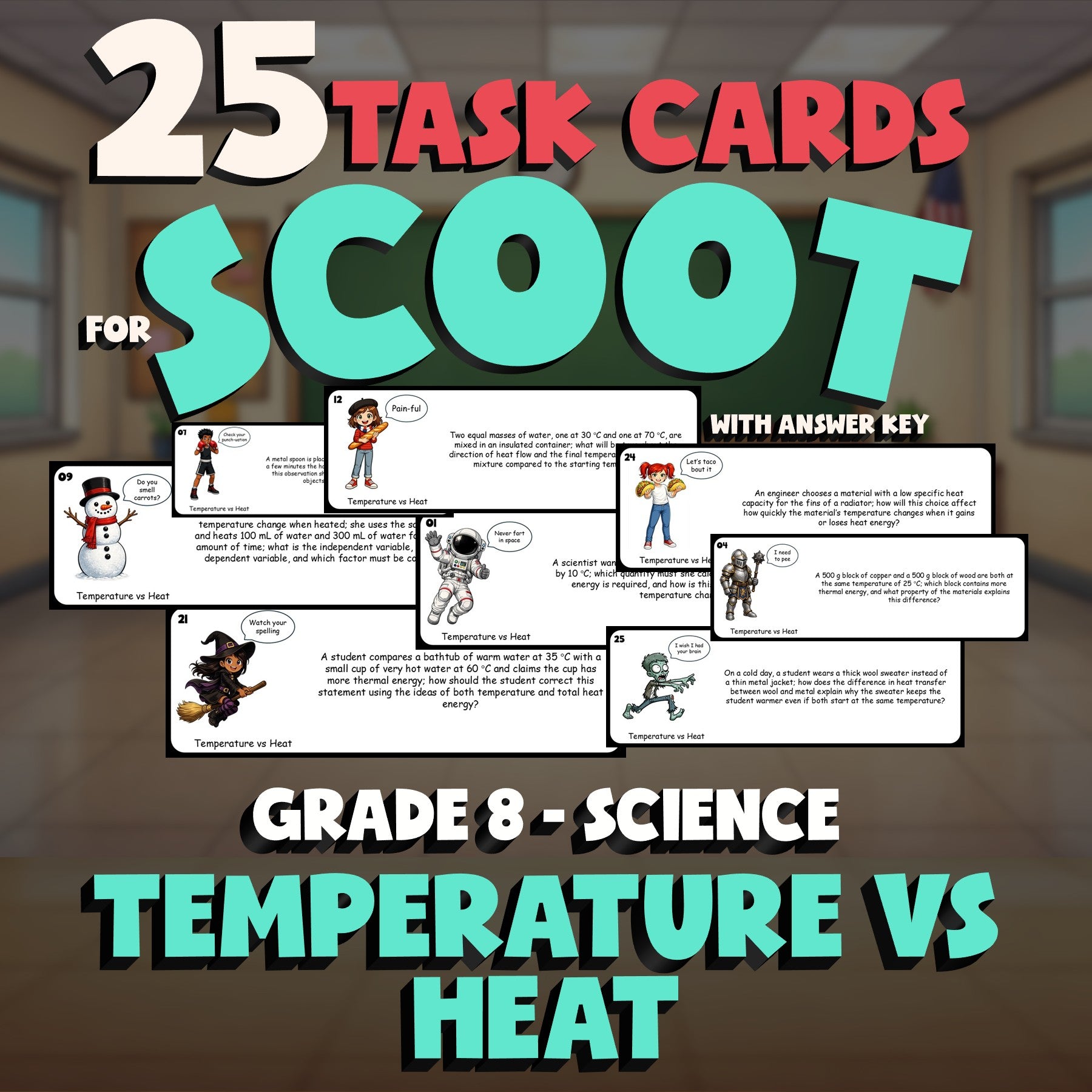 Temperature vs Heat SCOOT TASK CARDS Science Game - No Prep Grade 8 Review