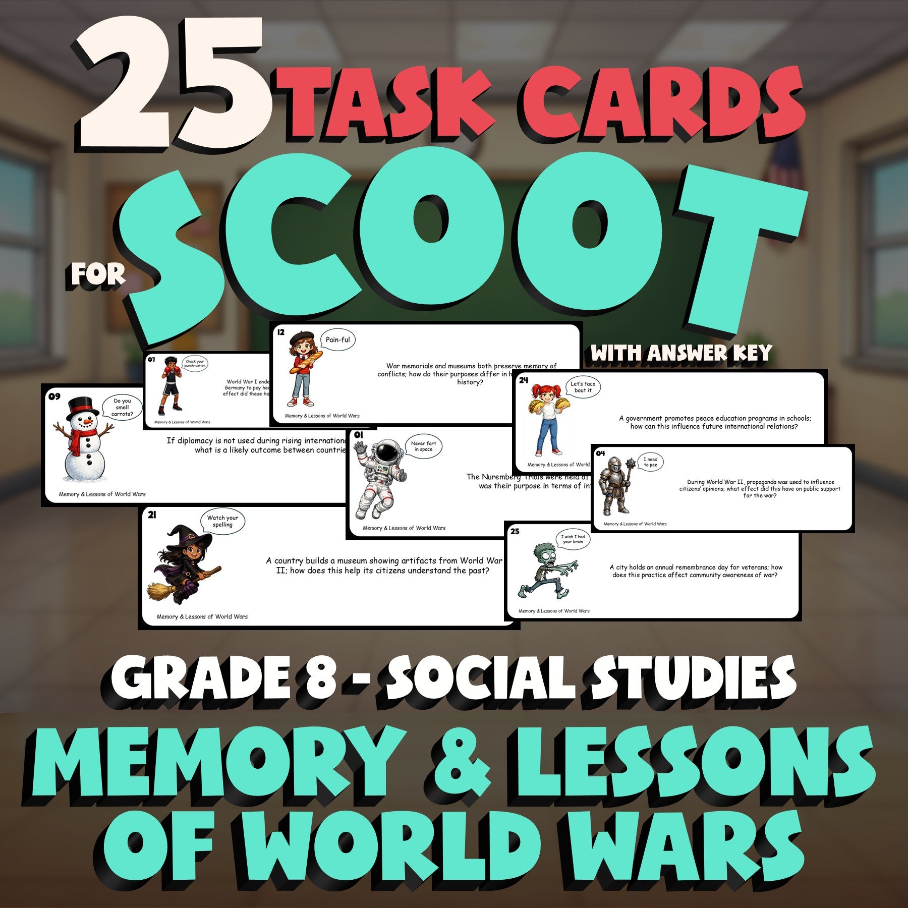 Memory & Lessons of World Wars SCOOT TASK CARDS Socials Game - No Prep Grade 8