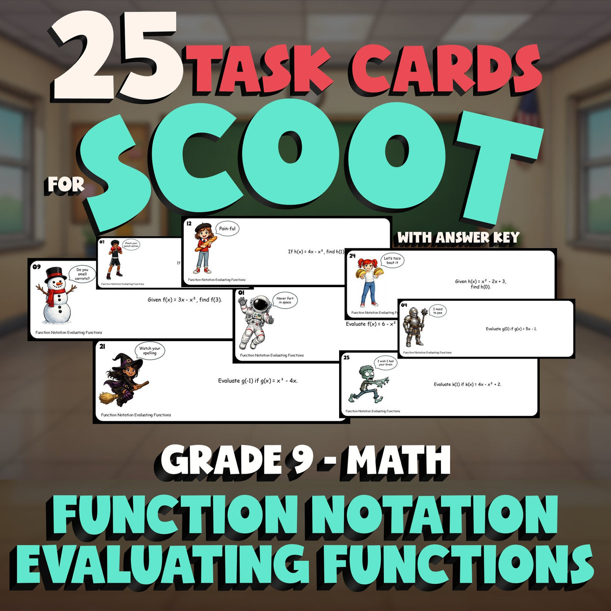 Function Notation Evaluating Functions SCOOT TASK CARDS Math Game - Grade 9