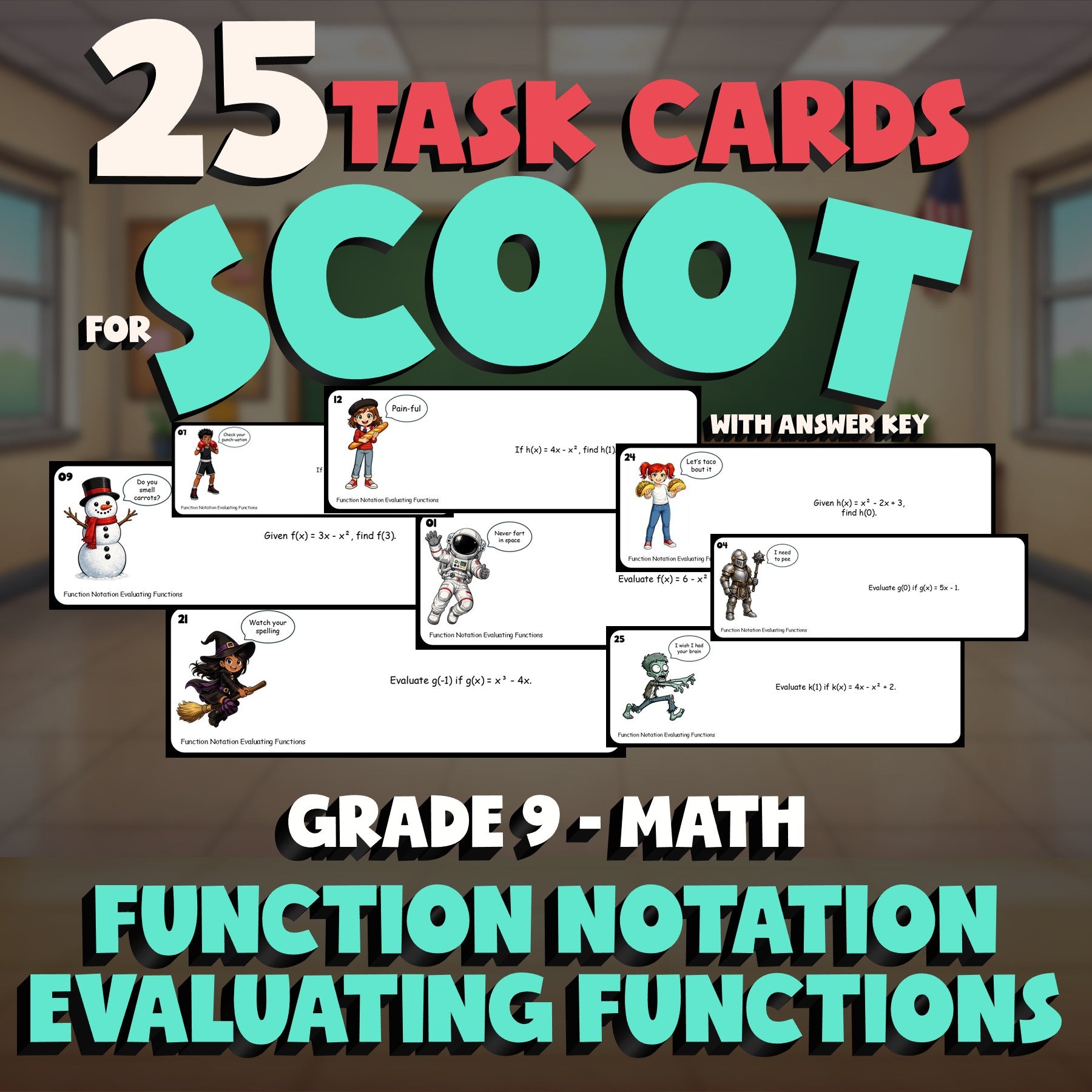 Function Notation Evaluating Functions SCOOT TASK CARDS Math Game - Grade 9