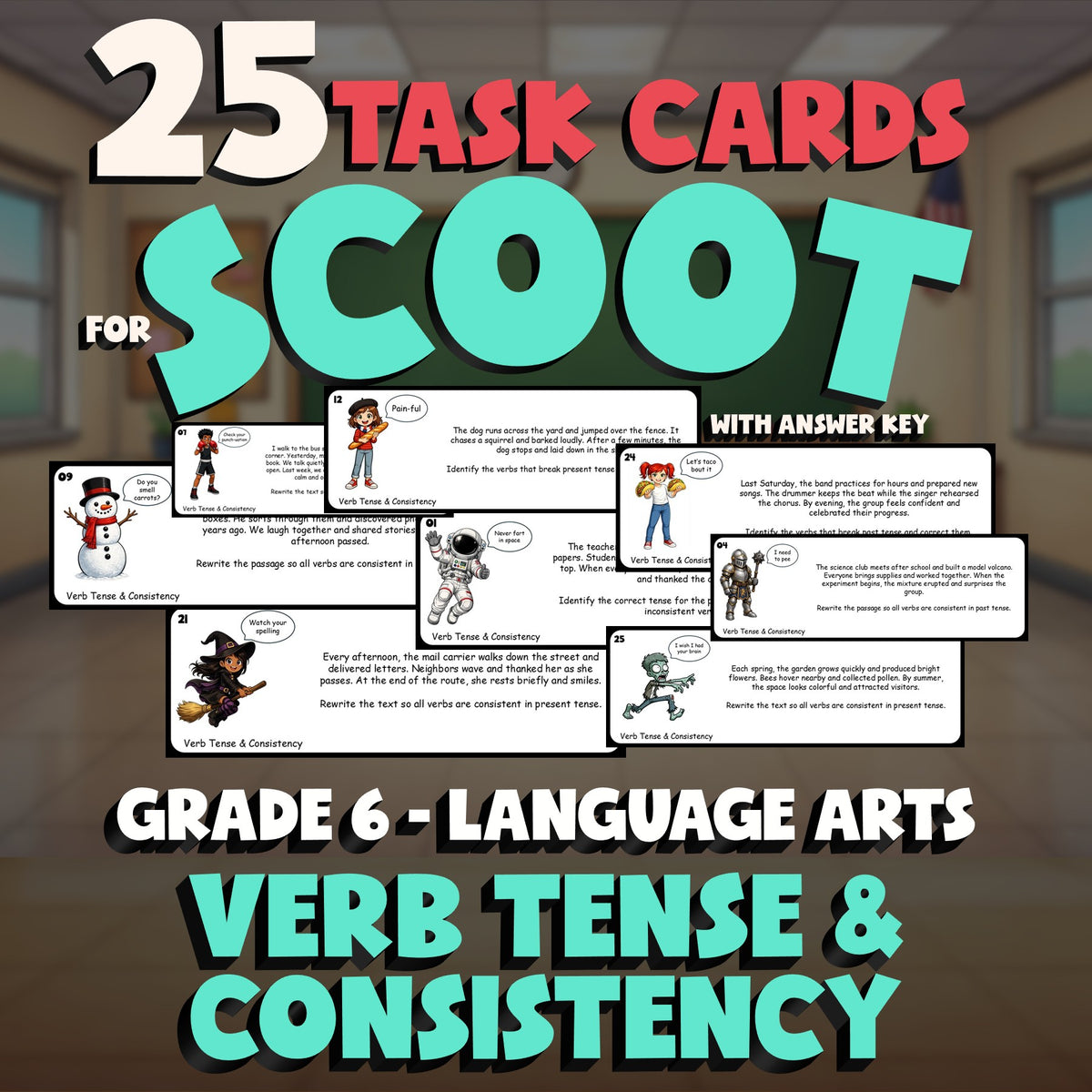 Verb Tense & Consistency SCOOT TASK CARDS ELA Game - No Prep Grade 6 Review