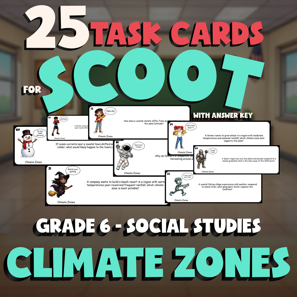 Climate Zones SCOOT TASK CARDS Socials Game - No Prep Grade 6 Review Activity