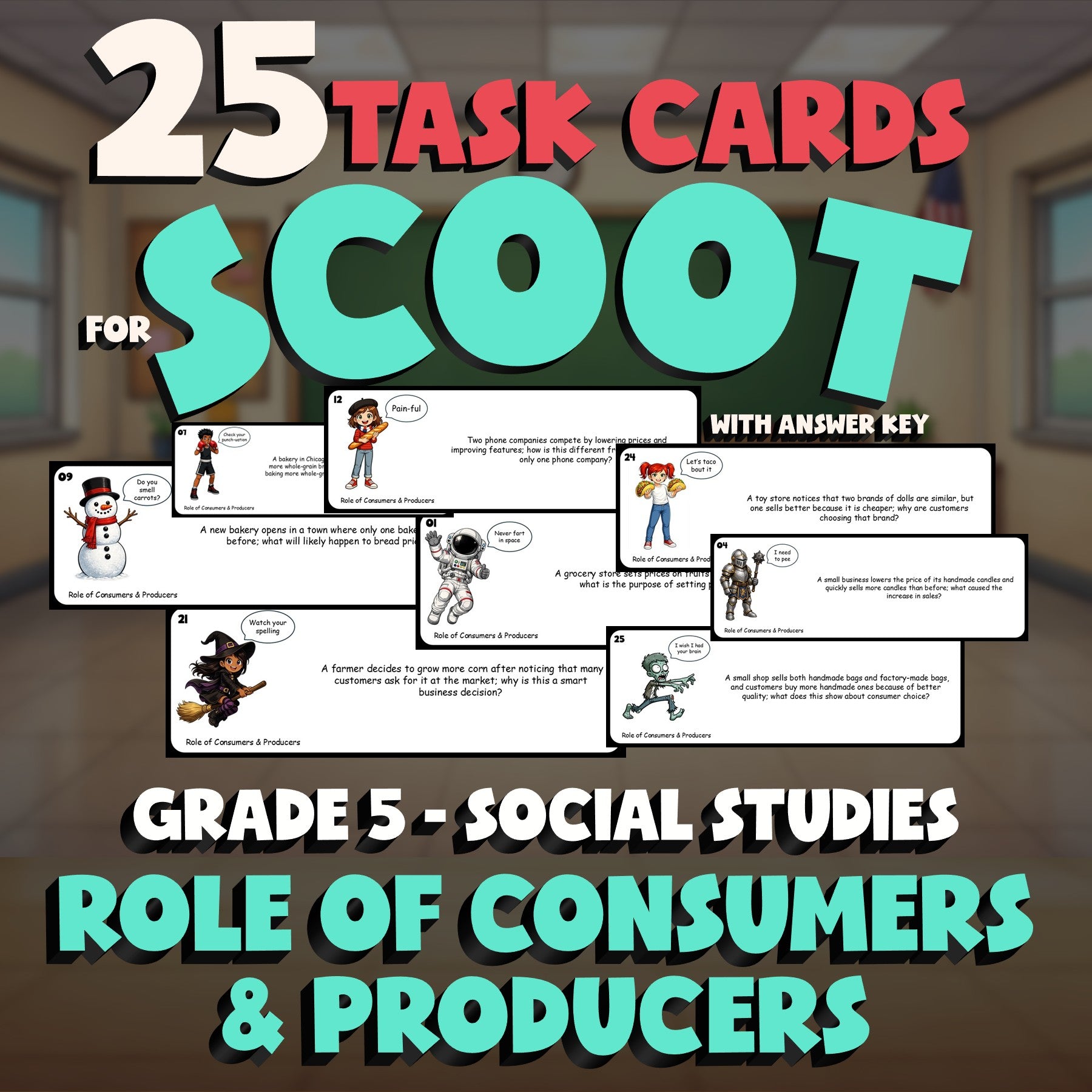 Role of Consumers & Producers SCOOT TASK CARDS Socials Game - No Prep Grade 5