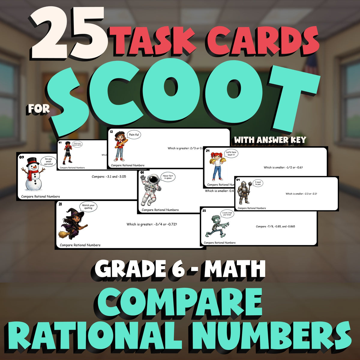 Compare Rational Numbers SCOOT TASK CARDS Math Game - No Prep Grade 6 Review