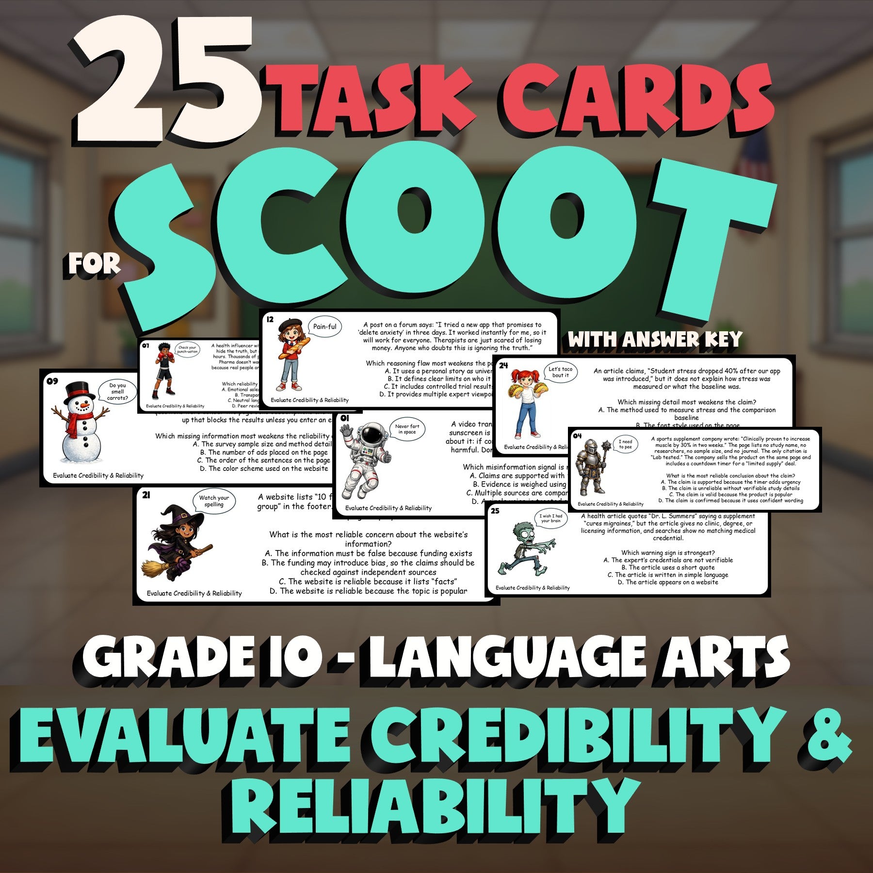 Evaluate Credibility & Reliability SCOOT TASK CARDS ELA Game - No Prep Grade 10