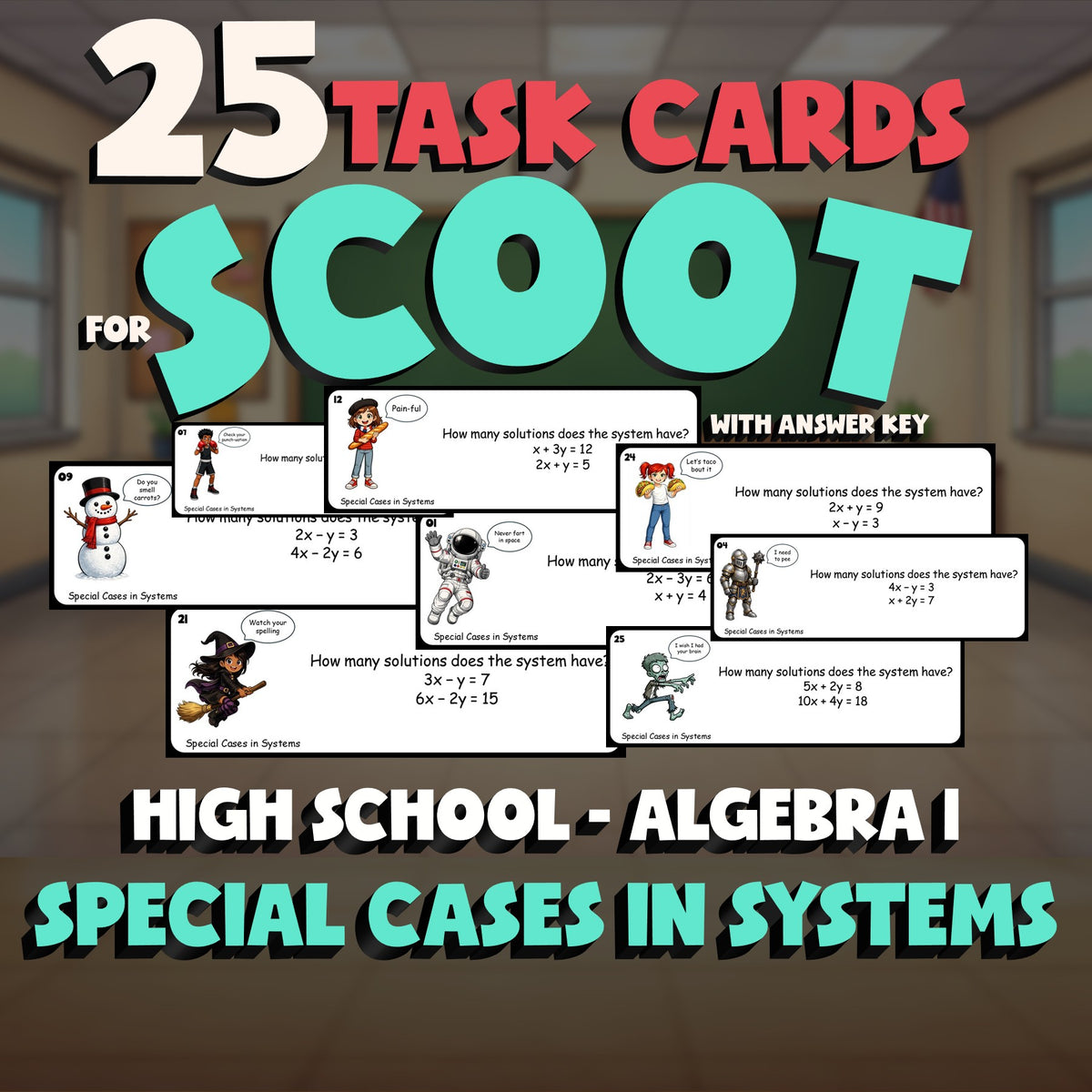 Special Cases in Systems SCOOT TASK CARDS Math Game - No Prep Algebra 1 Review