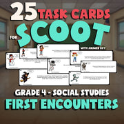 First Encounters SCOOT TASK CARDS Socials Game - No Prep Grade 4 Review Activity