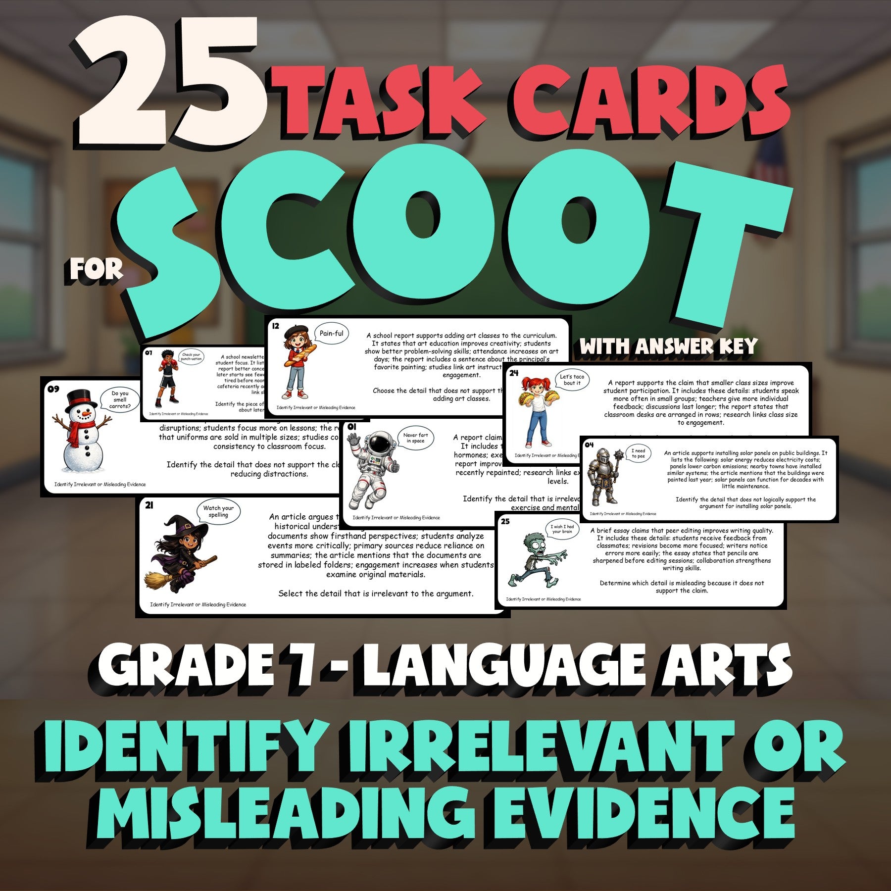 Identify Irrelevant or Misleading Evidence SCOOT TASK CARDS ELA Game - Grade 7