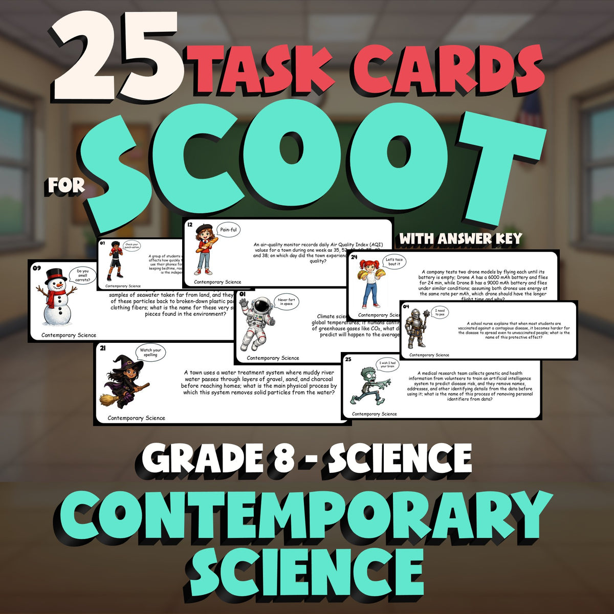 Contemporary Science SCOOT TASK CARDS Science Game - No Prep Grade 8 Review