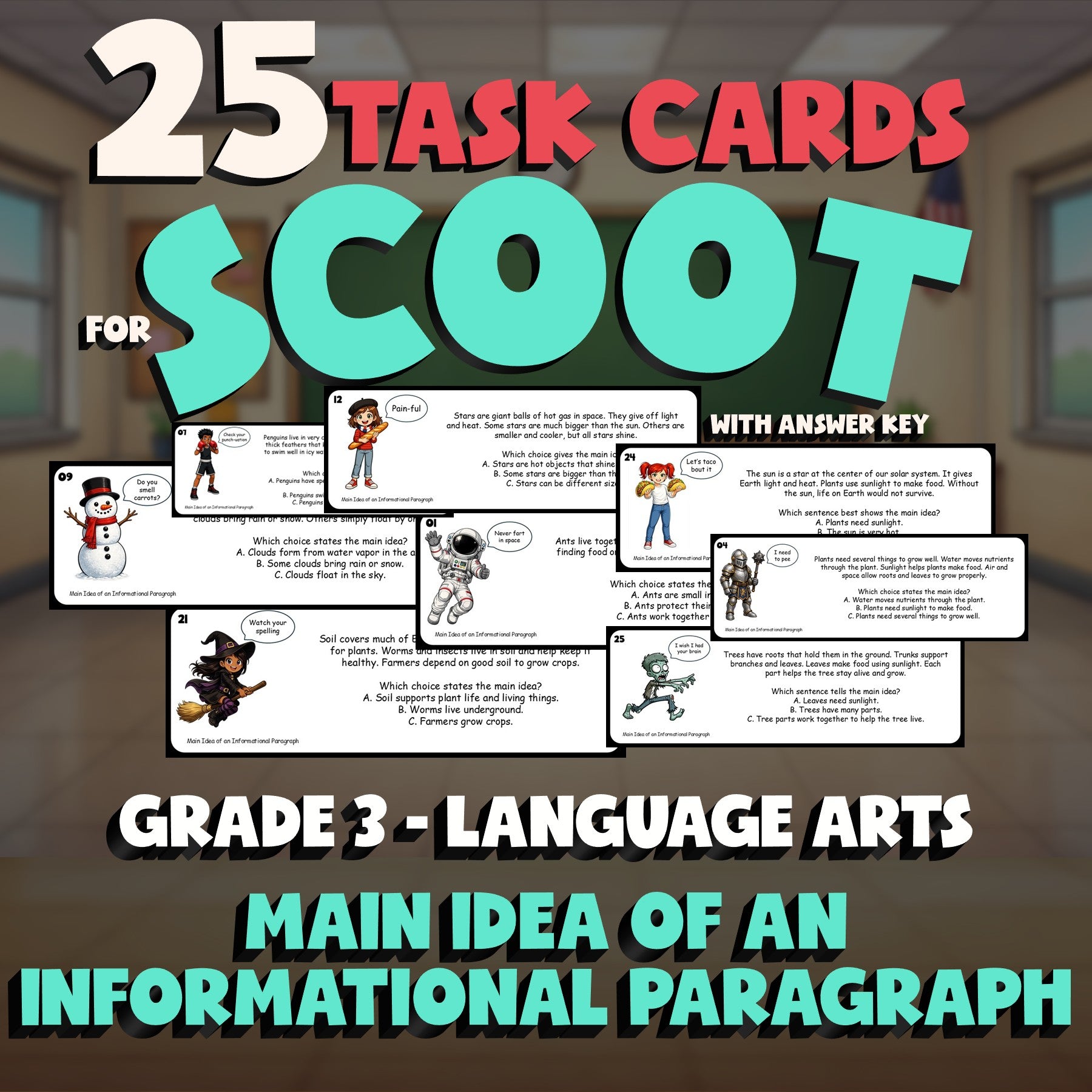 Main Idea of an Informational Paragraph SCOOT TASK CARDS ELA Game - Grade 3
