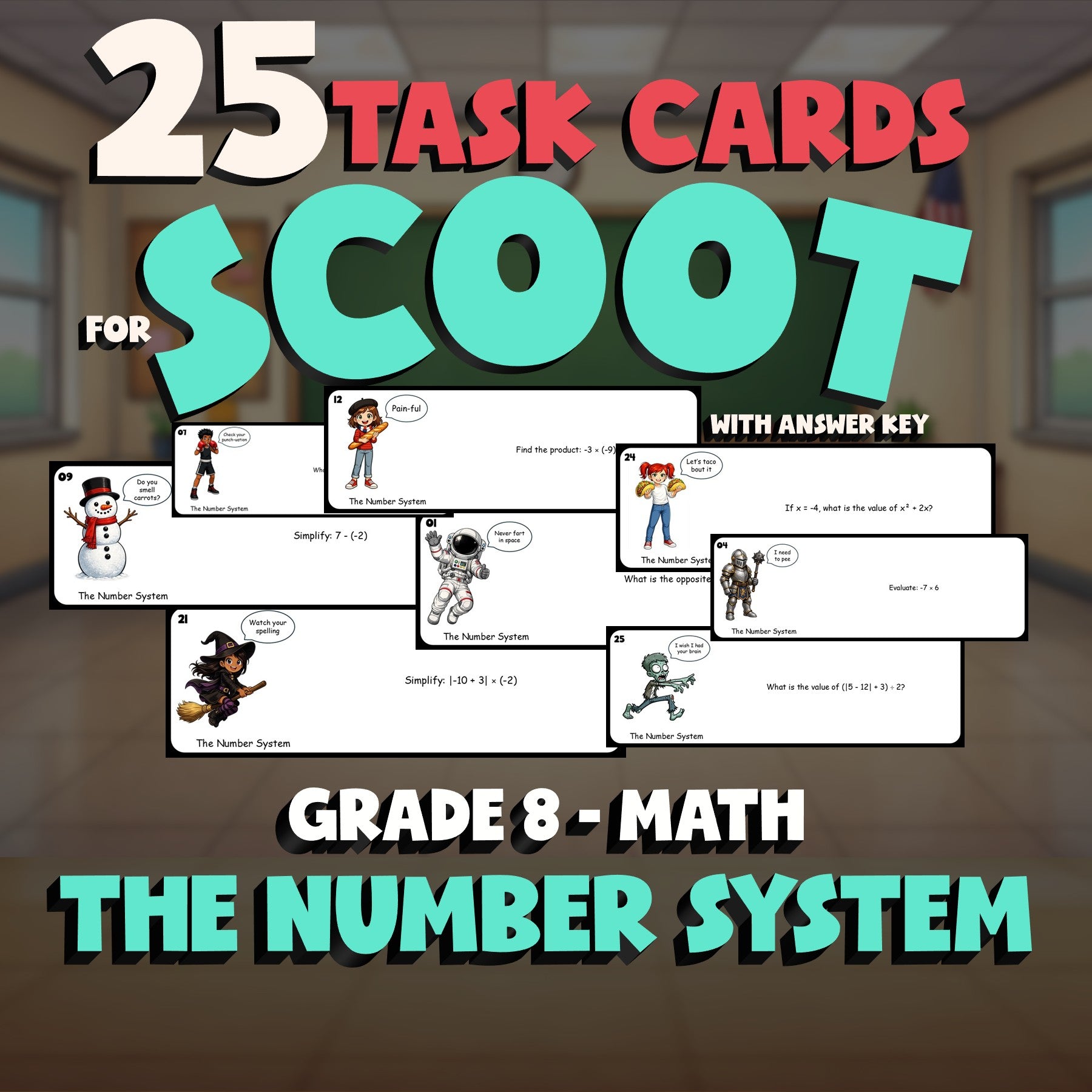 The Number System SCOOT TASK CARDS Math Game - No Prep Grade 8 Review Activity