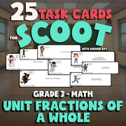 Unit Fractions of a Whole SCOOT TASK CARDS Math Game - No Prep Grade 3 Review