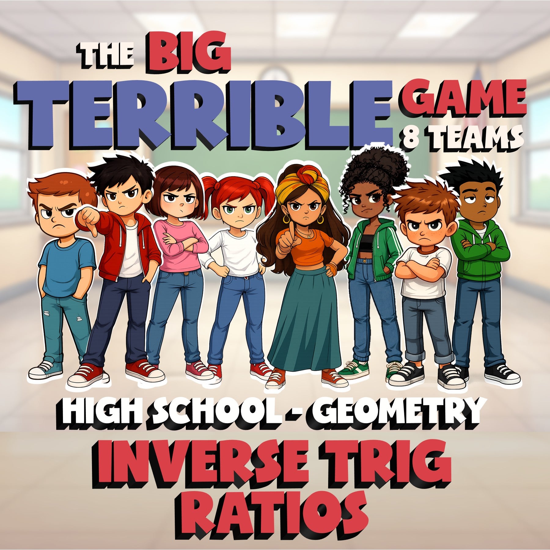 Inverse Trig Ratios BIG TERRIBLE GAME - No Prep Geometry Math Review Activity