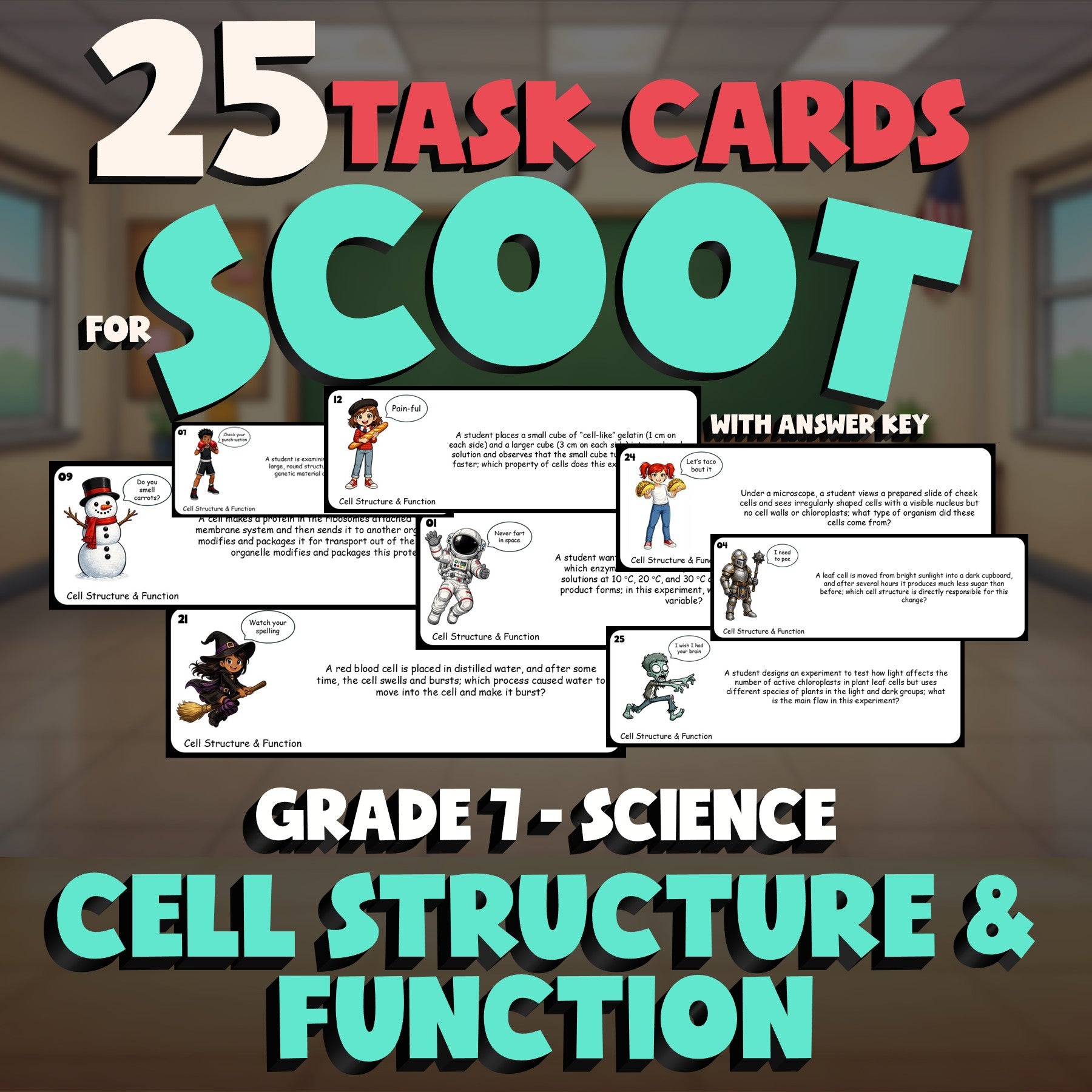Cell Structure & Function SCOOT TASK CARDS Science Game - No Prep Grade 7 Review
