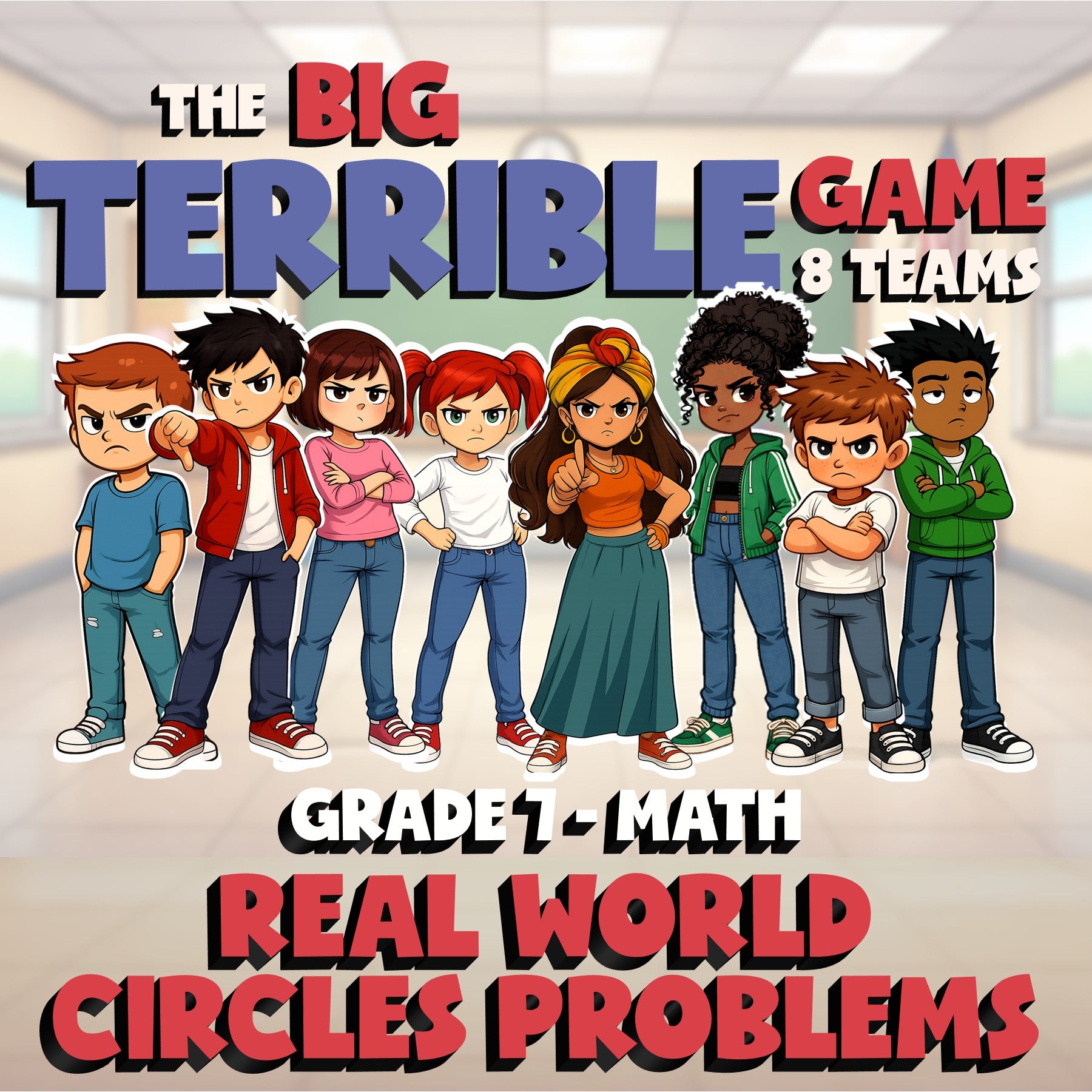 Real World Circles Problems BIG TERRIBLE GAME - No Prep Grade 7 Math Review