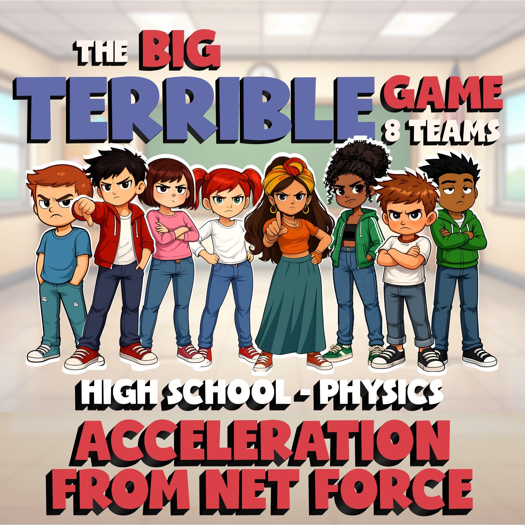 Acceleration from Net Force BIG TERRIBLE GAME - No Prep Physics Science Review