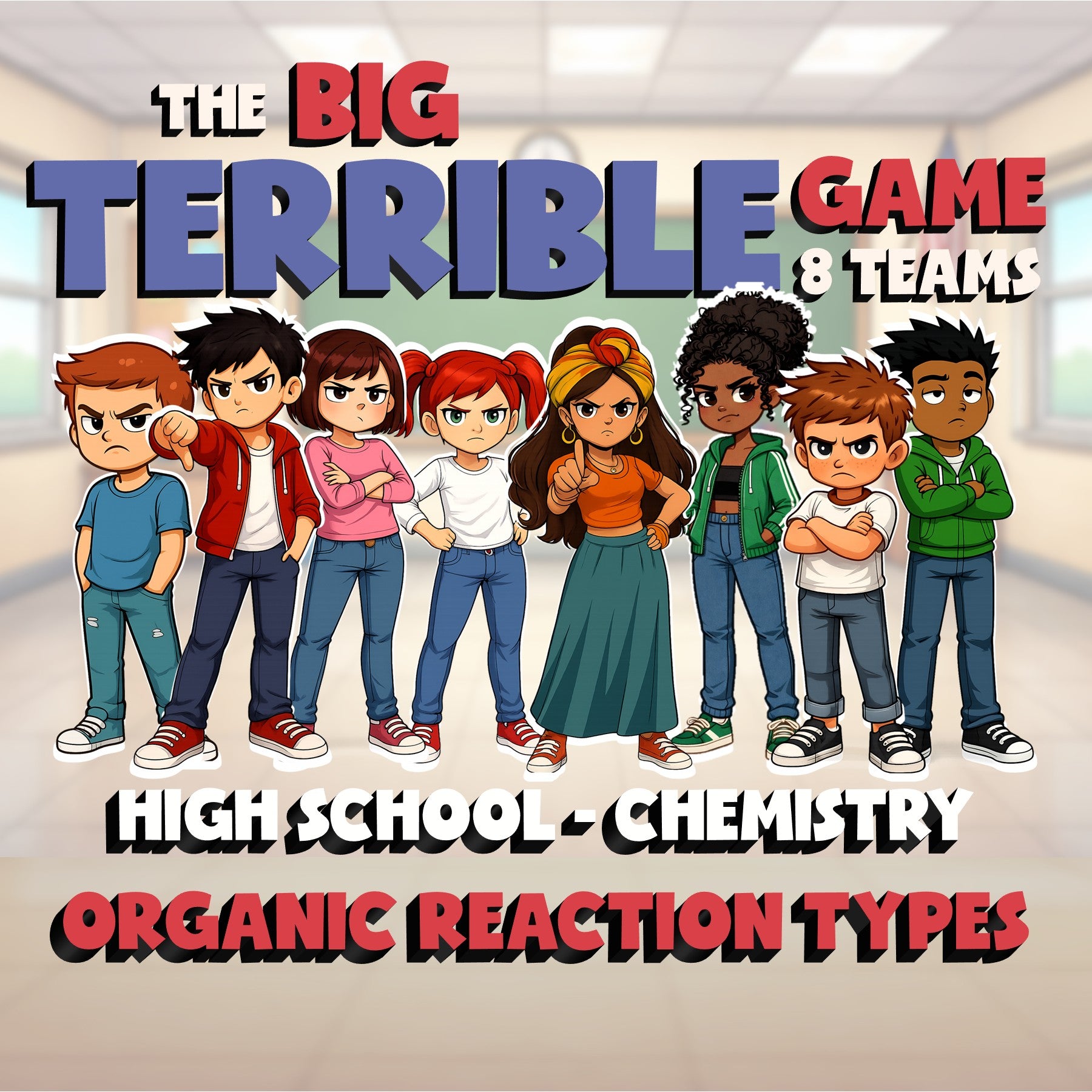Organic Reaction Types BIG TERRIBLE GAME - No Prep Chemistry Science Review