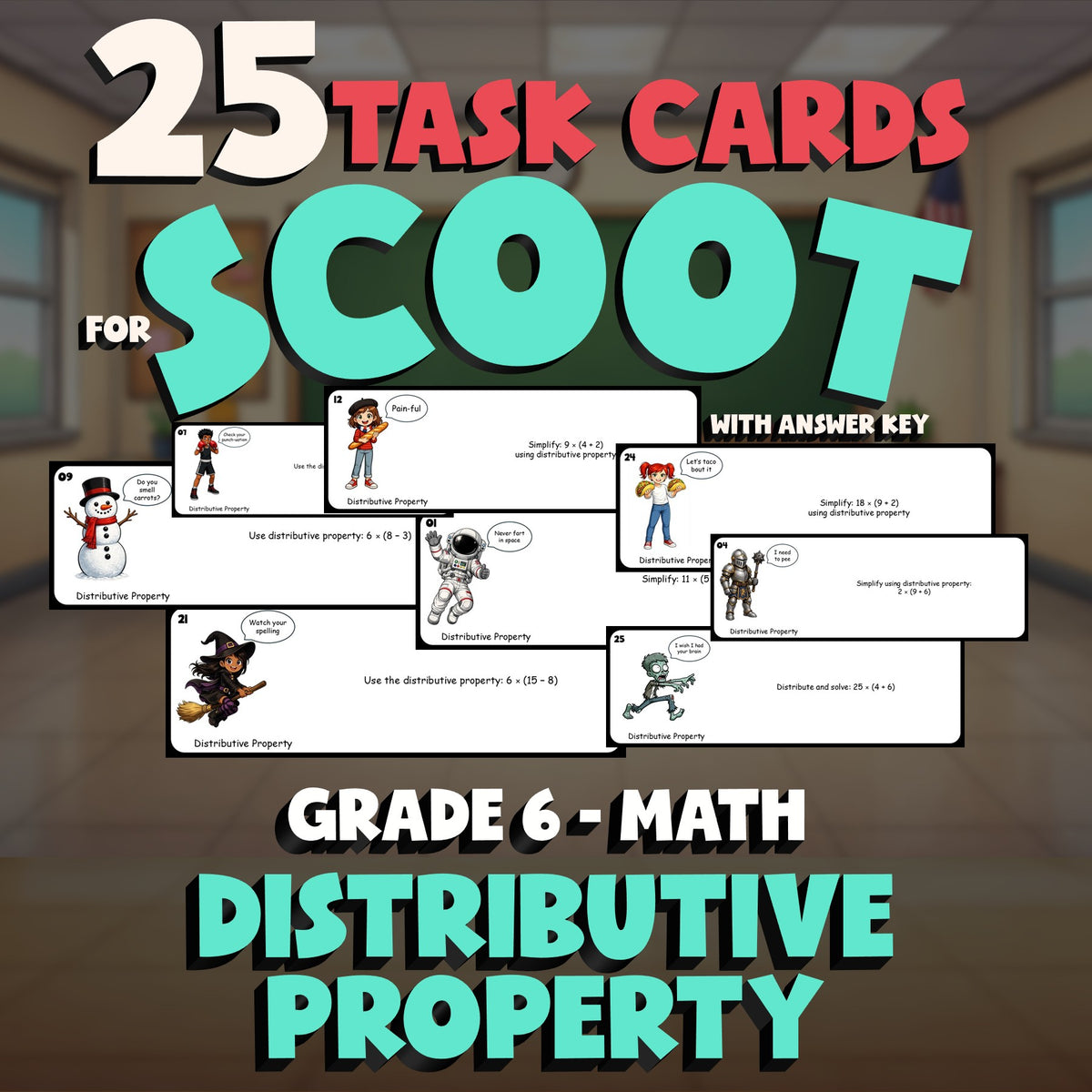Distributive Property SCOOT TASK CARDS Math Game - No Prep Grade 6 Review