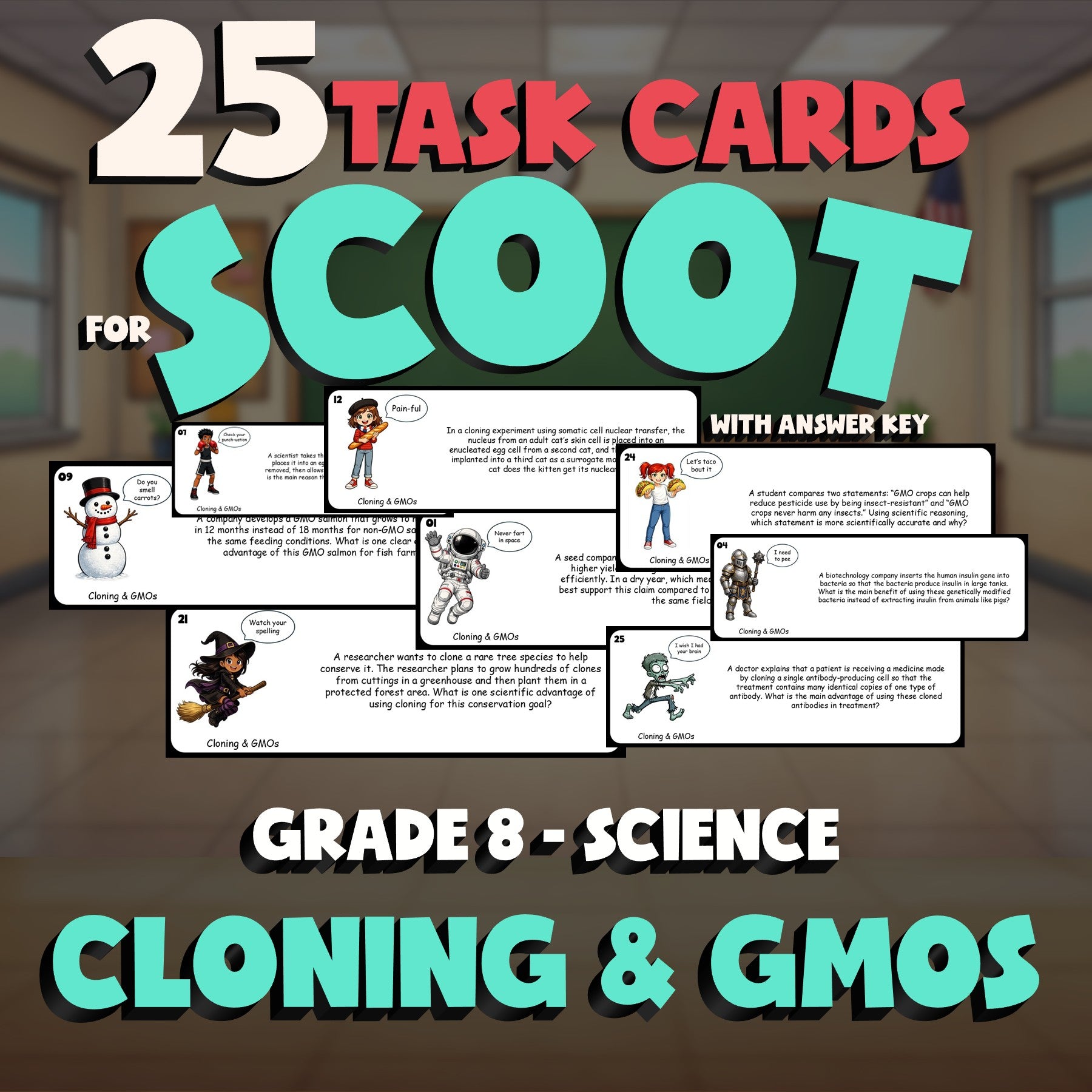 Cloning & GMOs SCOOT TASK CARDS Science Game - No Prep Grade 8 Review Activity