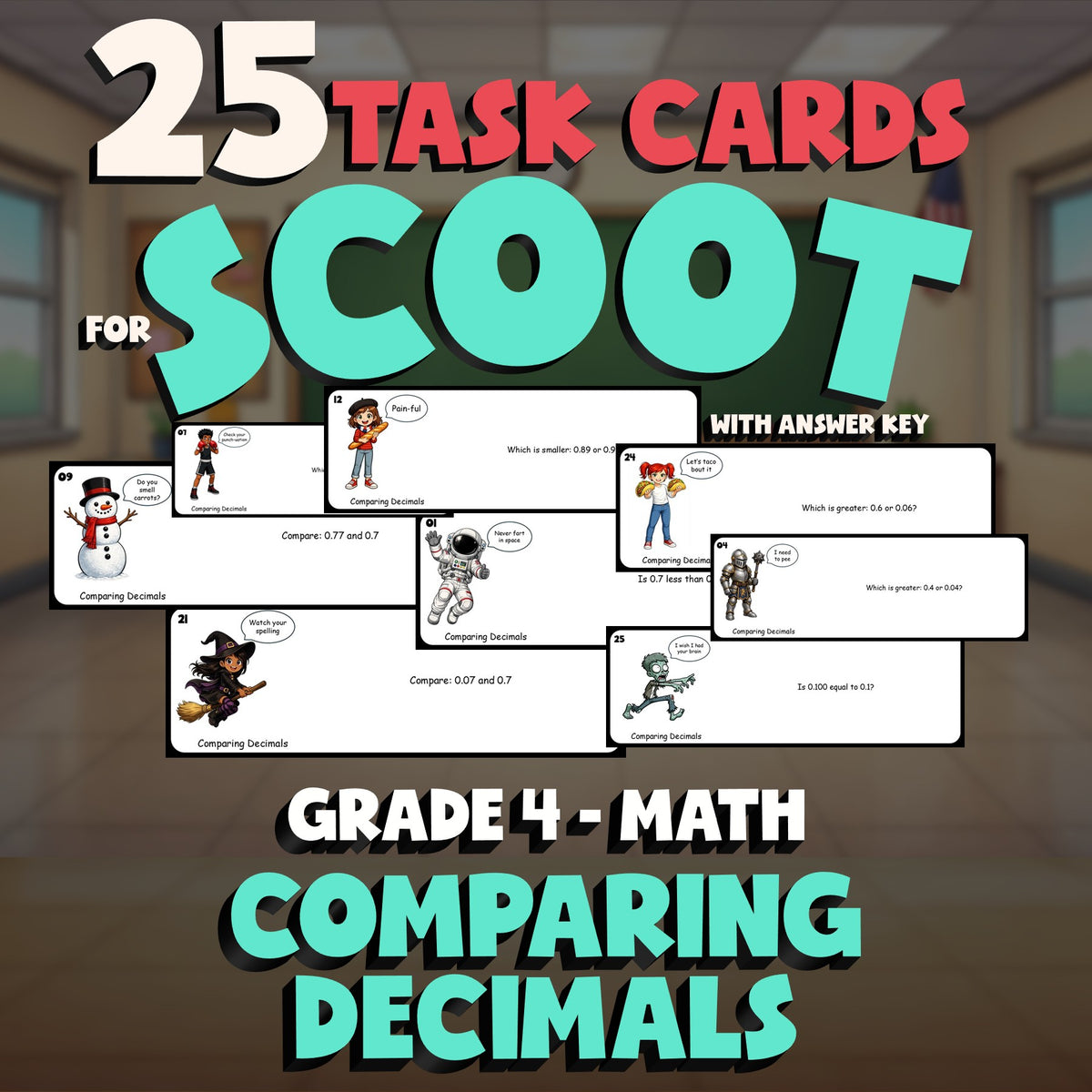 Comparing Decimals SCOOT TASK CARDS Math Game - No Prep Grade 4 Review Activity