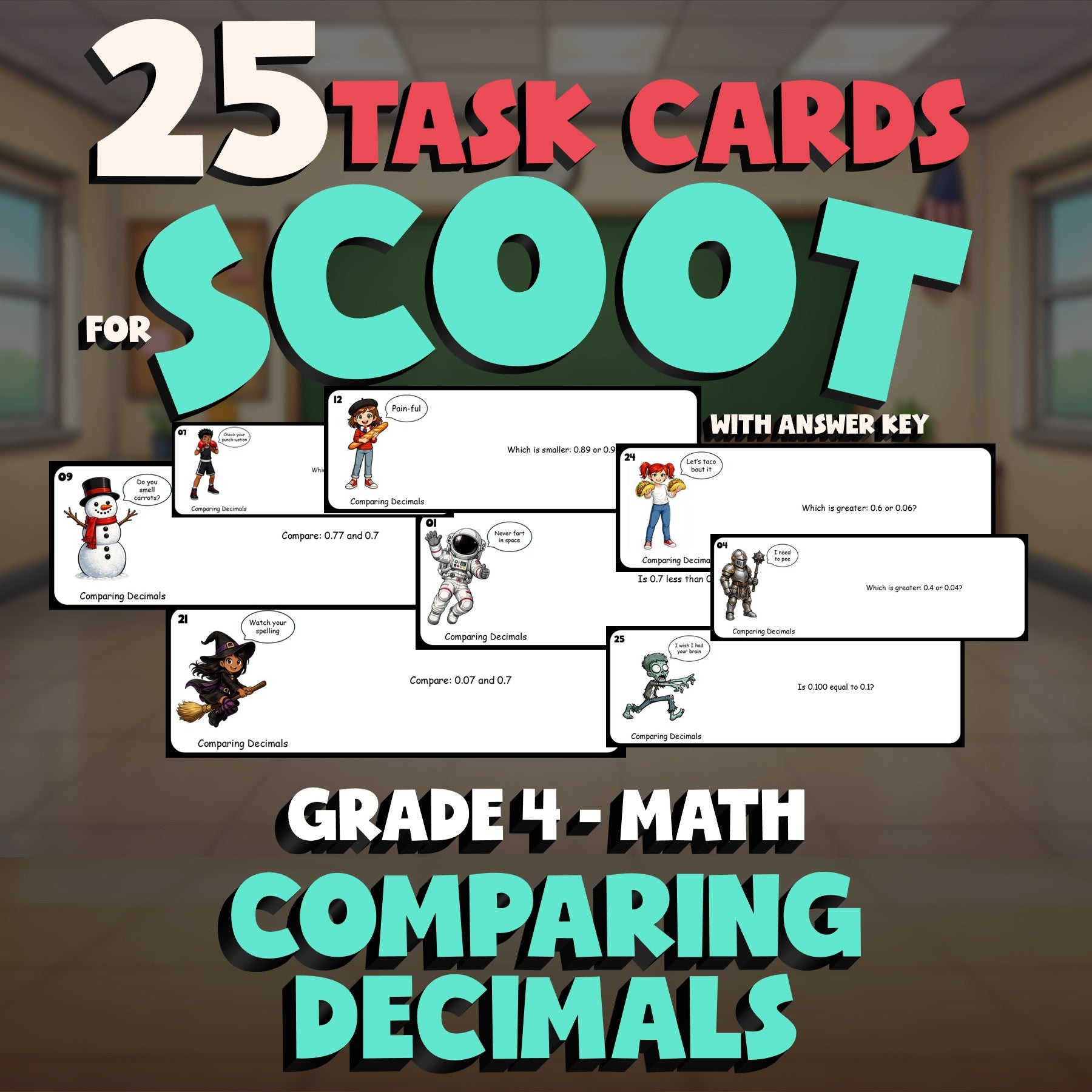 Comparing Decimals SCOOT TASK CARDS Math Game - No Prep Grade 4 Review Activity