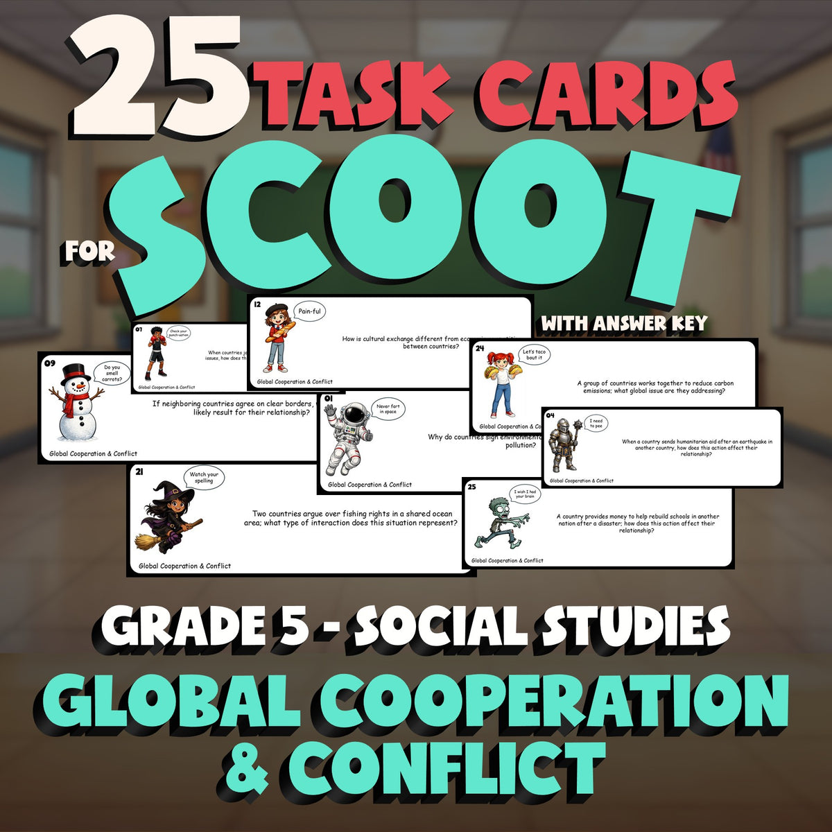 Global Cooperation & Conflict SCOOT TASK CARDS Socials Game - No Prep Grade 5