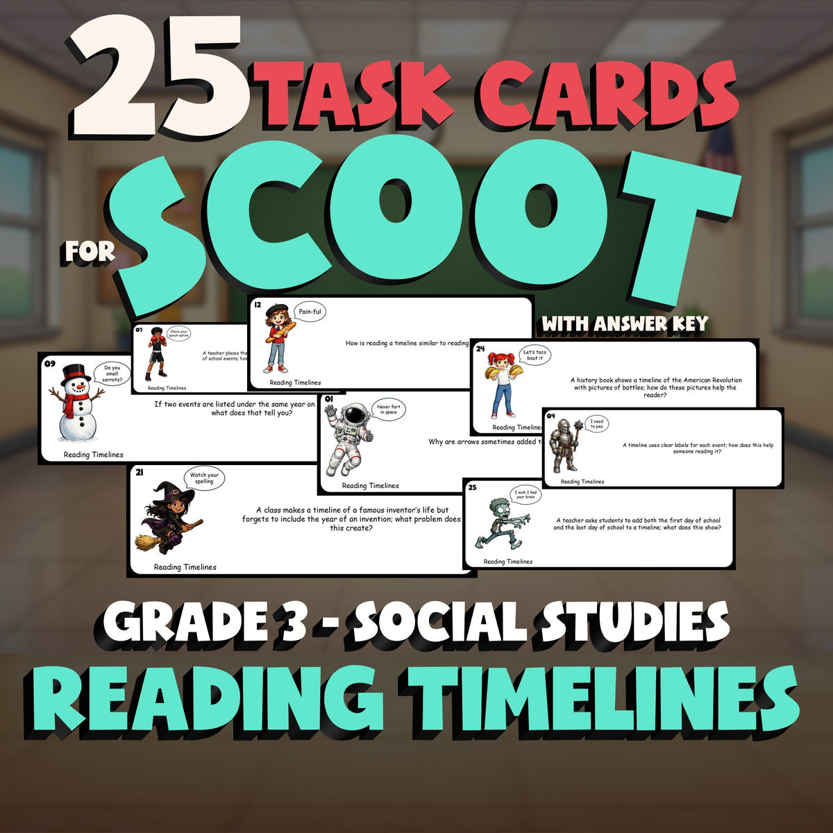 Reading Timelines SCOOT TASK CARDS Socials Game - No Prep Grade 3 Review